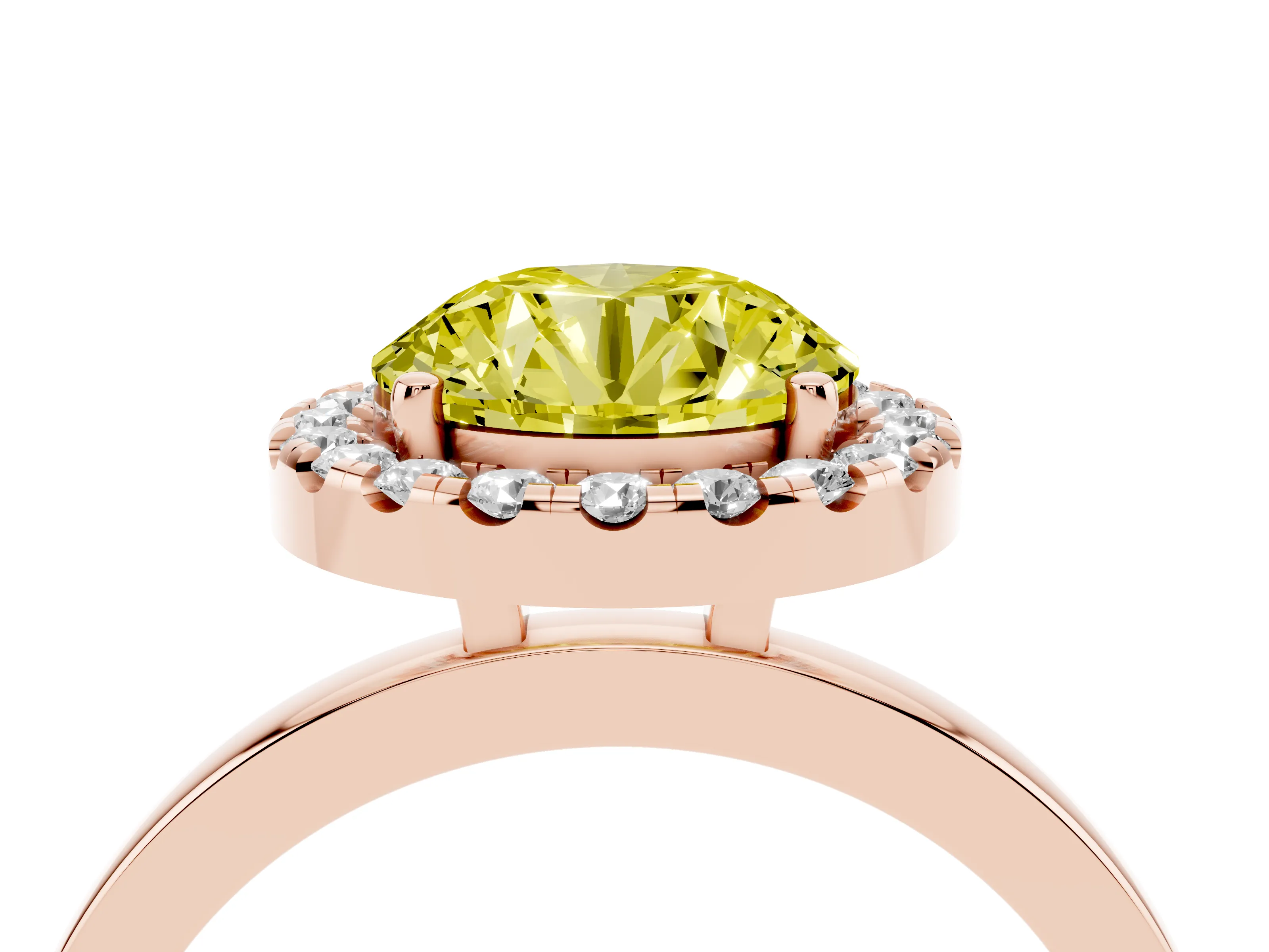 Fancy Yellow Round Cut Diamond Halo Solitaire Ring Set in Rose gold with Pavé Band and Prong Setting