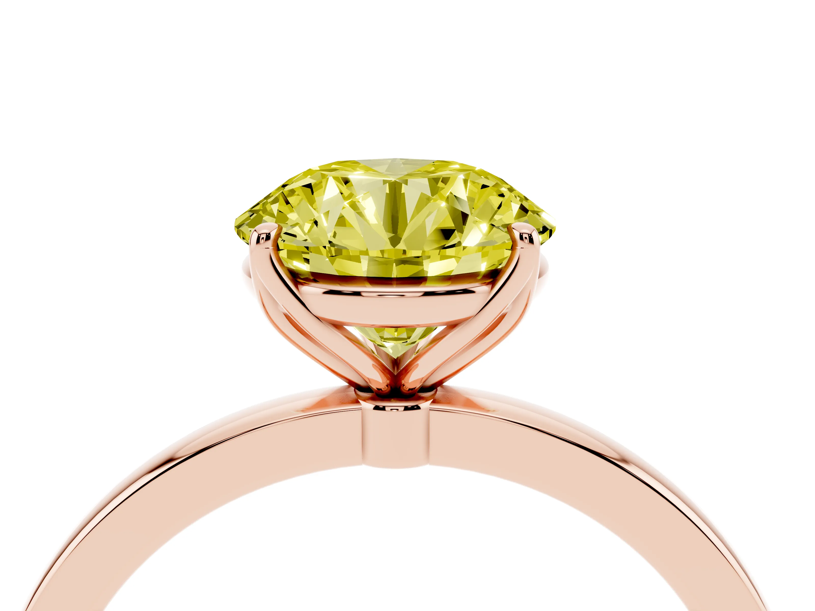 Fancy Yellow Round Cut Diamond Solitaire Ring Set in Rose gold with Prong Setting and Thin Polished Band