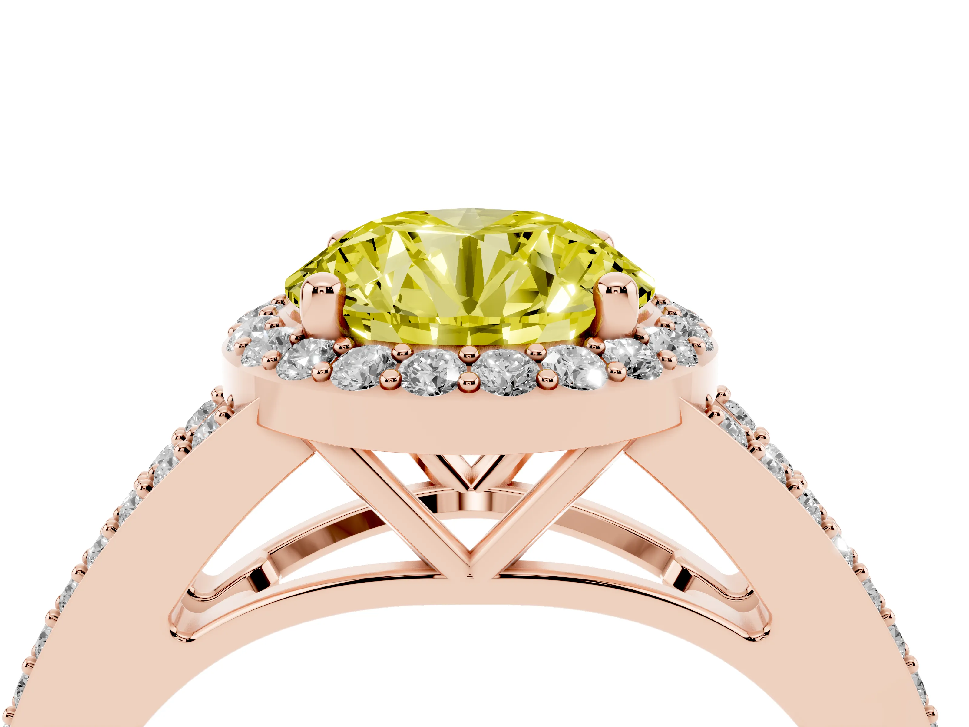 Fancy Yellow Round Cut Diamond Halo Split Shank Pavé Ring Set in Rose gold with Prong Setting