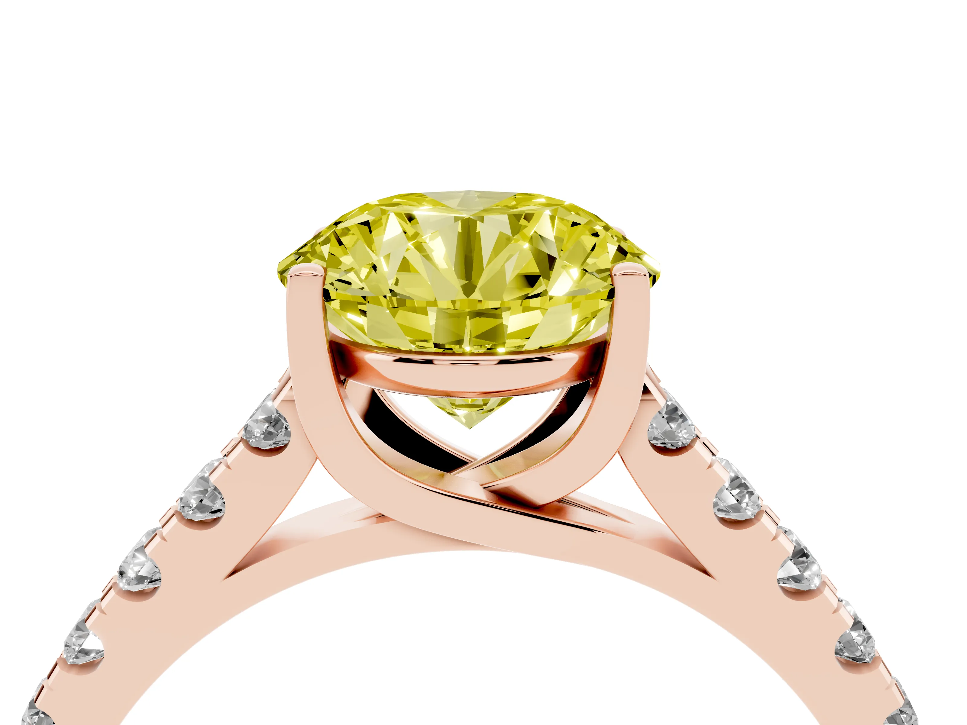 Fancy Yellow Round Cut Diamond Pavé Band Solitaire Ring Set in Rose gold with Partway Accent Stones and Prong Setting