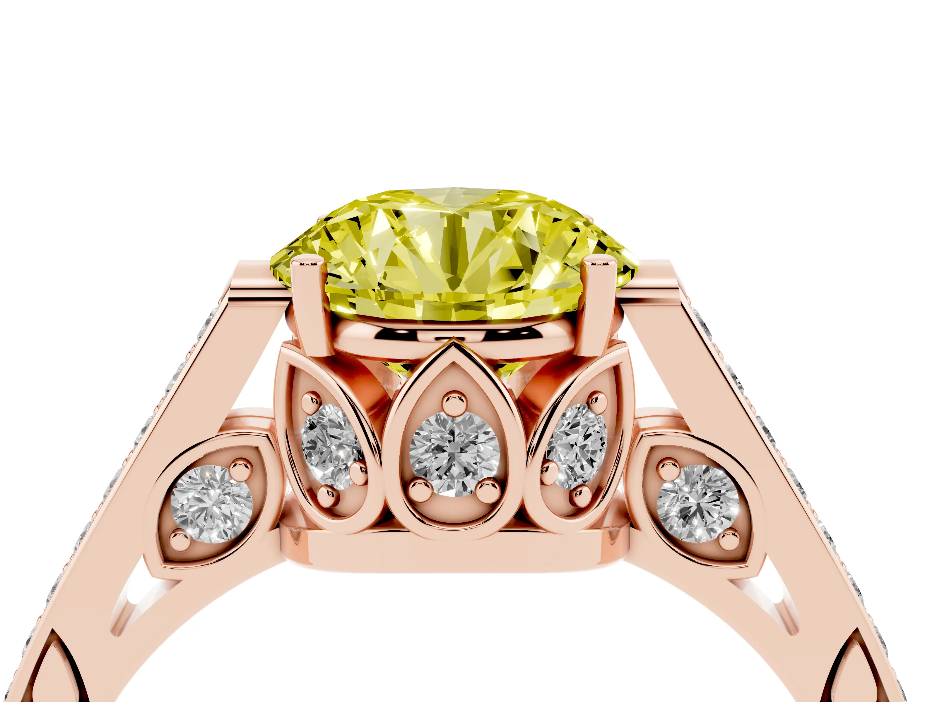 Fancy Yellow Round Cut Diamond Cathedral Pavé Engagement Ring Set in Rose gold with Prong Setting
