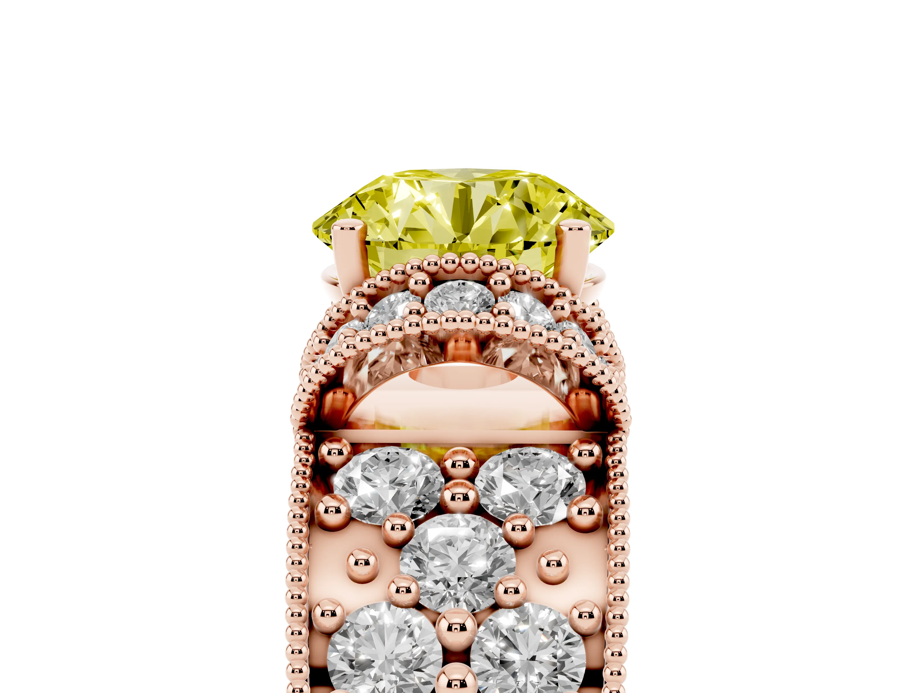 Fancy Yellow Round Cut Diamond Milgrain Halo Pavé Engagement Ring Set in Rose gold with Prong Setting