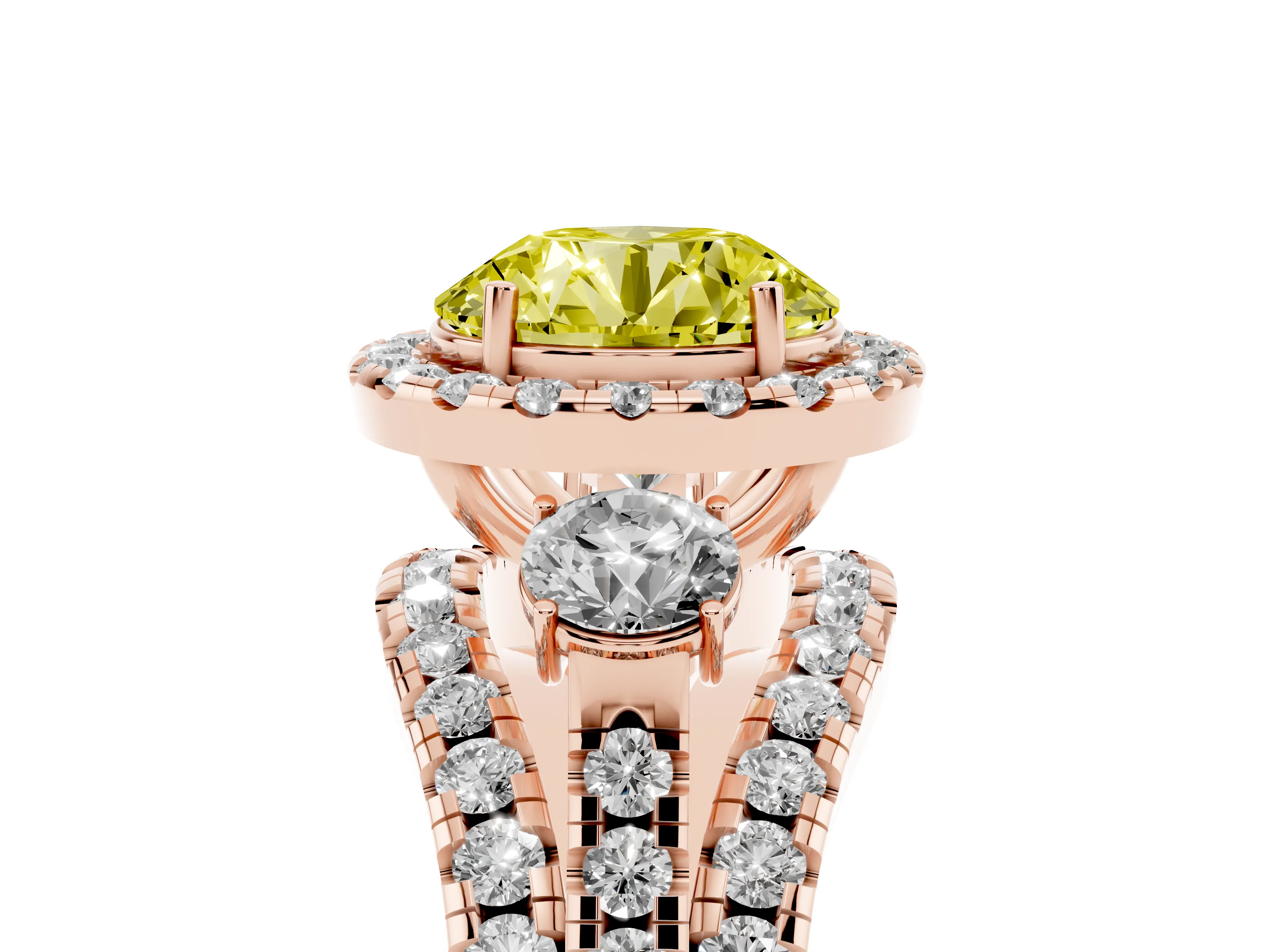 Fancy Yellow Round Cut Diamond Halo Split Shank Ring Set in Rose gold with Round Accent Stones and Prong Setting