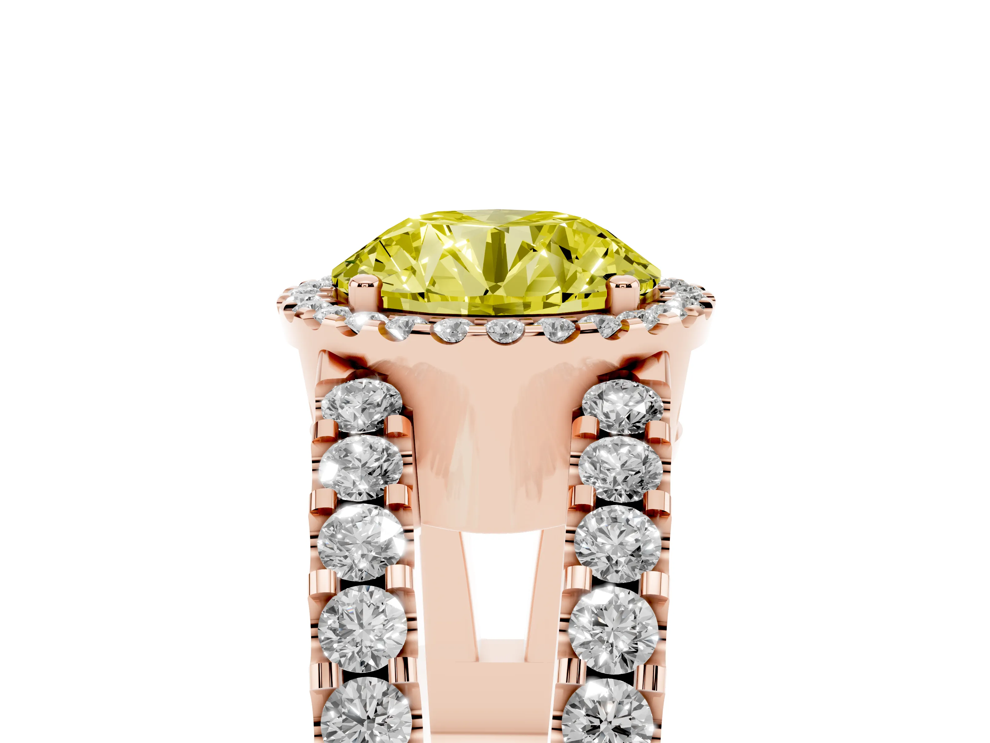 Fancy Yellow Round Cut Diamond Halo Ring Set in Rose gold with Pavé Split Shank and Prong Setting