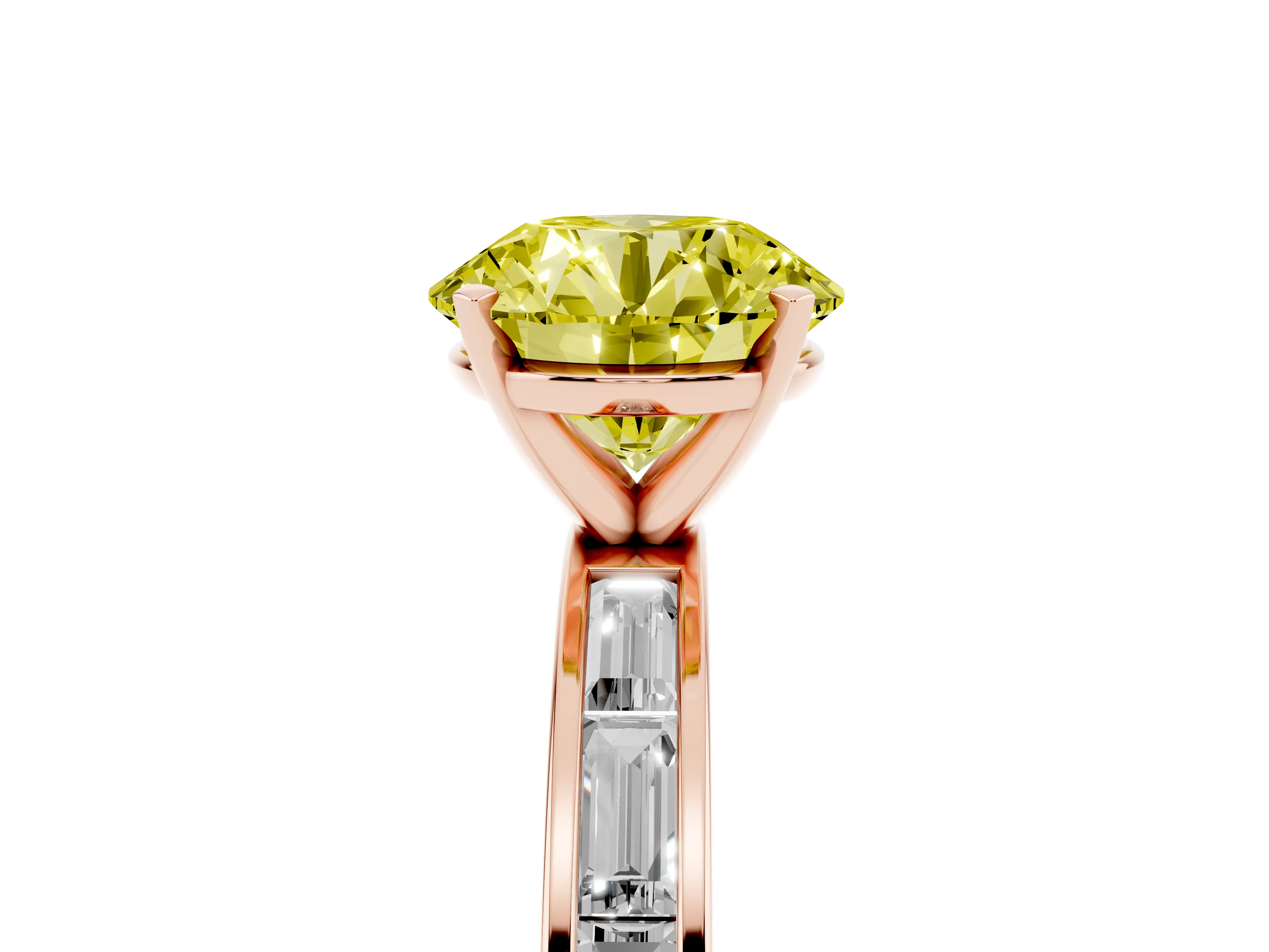 Fancy Yellow Round Cut Diamond Solitaire Ring Set in Rose gold with Channel-Set Baguette Band and Prong Setting