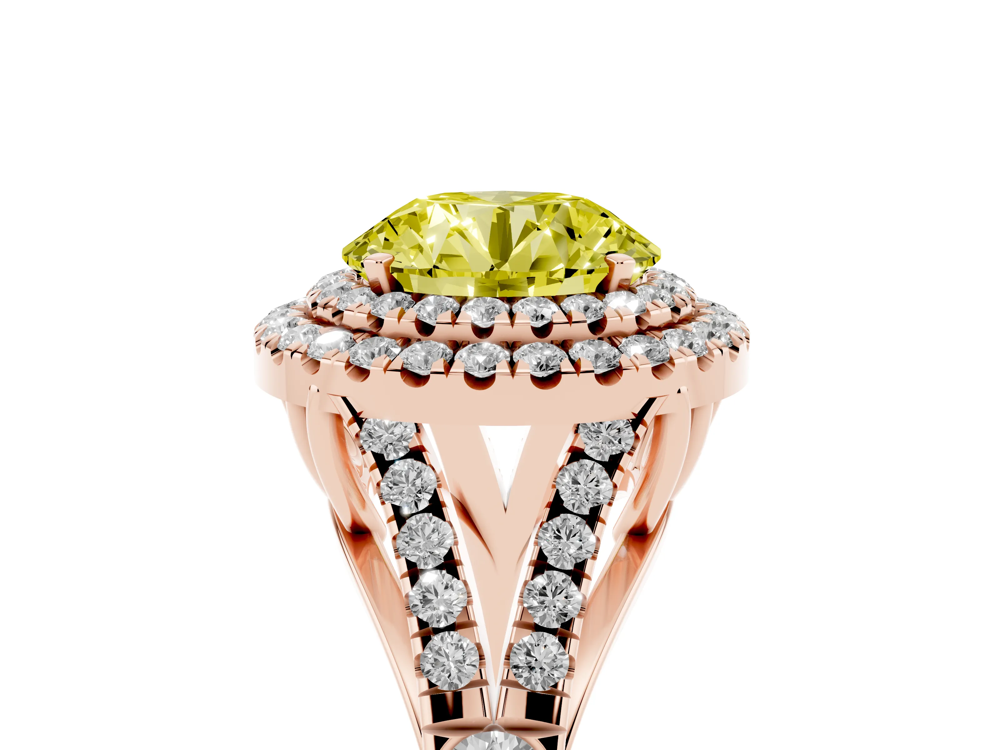 Fancy Yellow Round Cut Diamond Pavé Split Shank Double Halo Engagement Ring Set in Rose gold