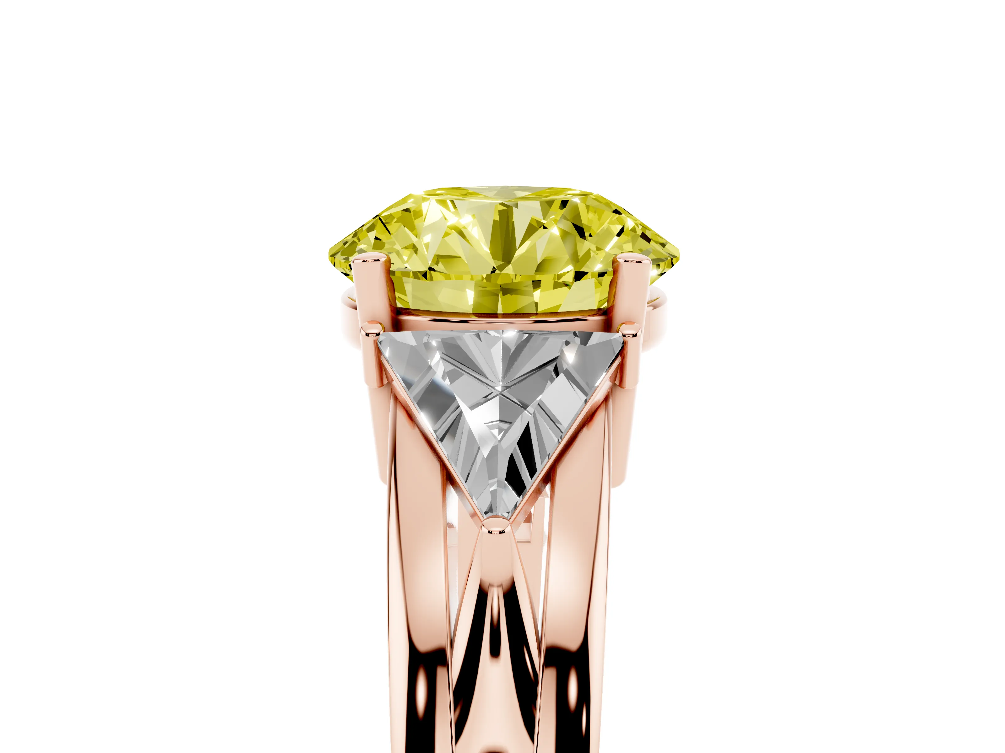 Fancy Yellow Round Cut Diamond Three-Stone Ring Set in Rose gold with Trillion Side Stones and Split Shank