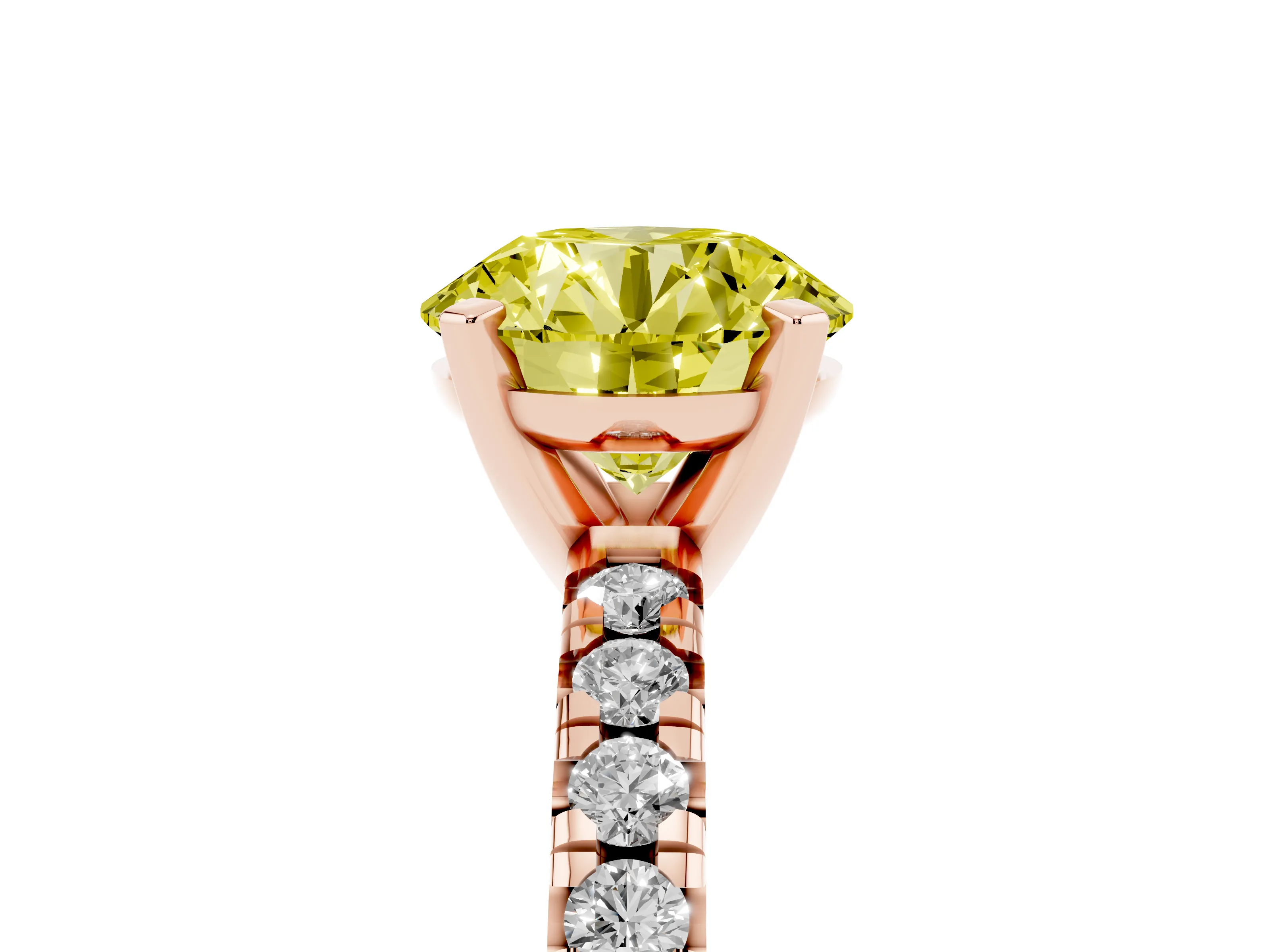 Fancy Yellow Round Cut Diamond Solitaire Pavé Engagement Ring Set in Rose gold with Round Band and Prong Setting