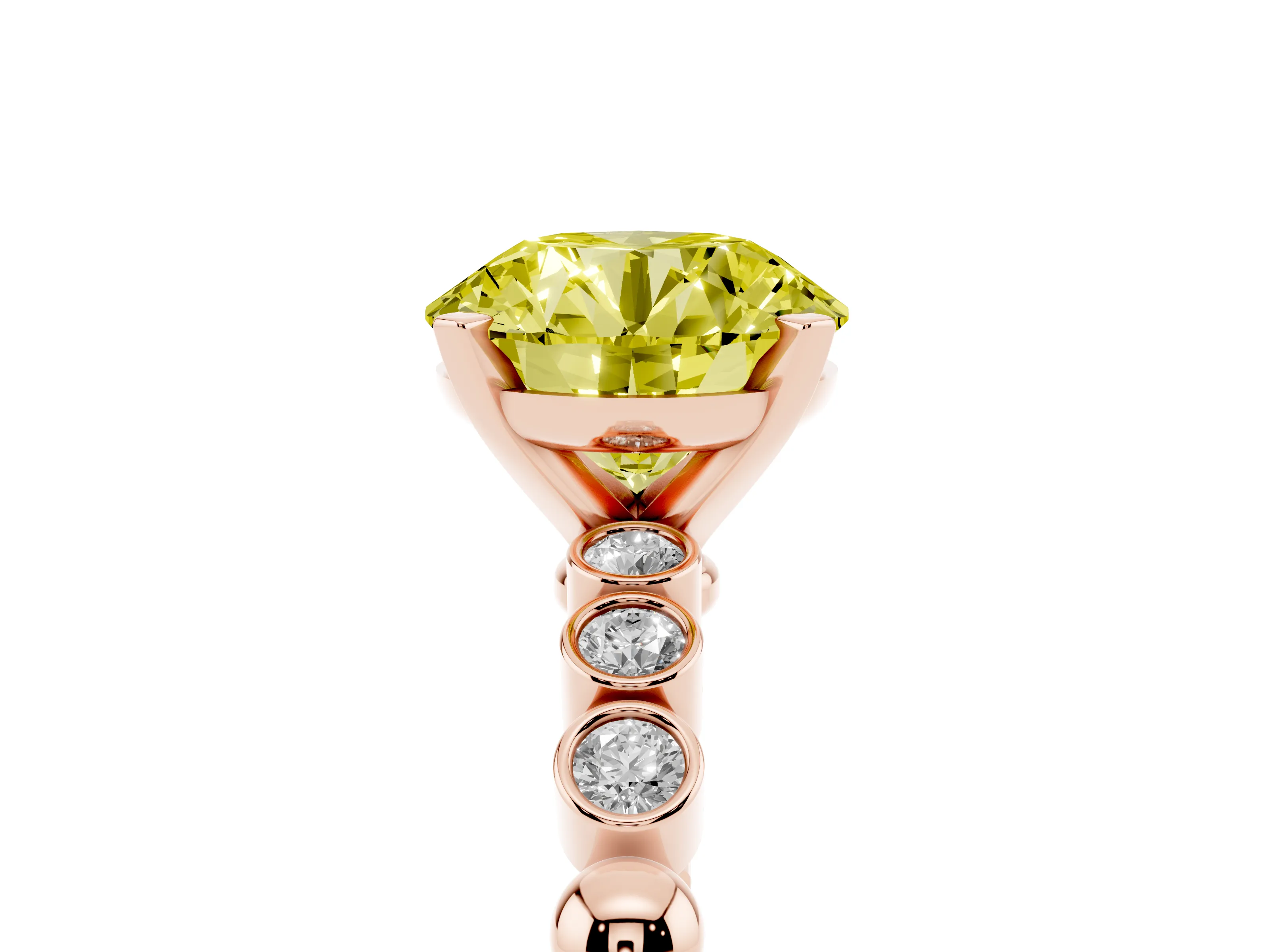 Fancy Yellow Round Cut Diamond Solitaire Engagement Ring Set in Rose gold with Bezel Accents on Beaded Band