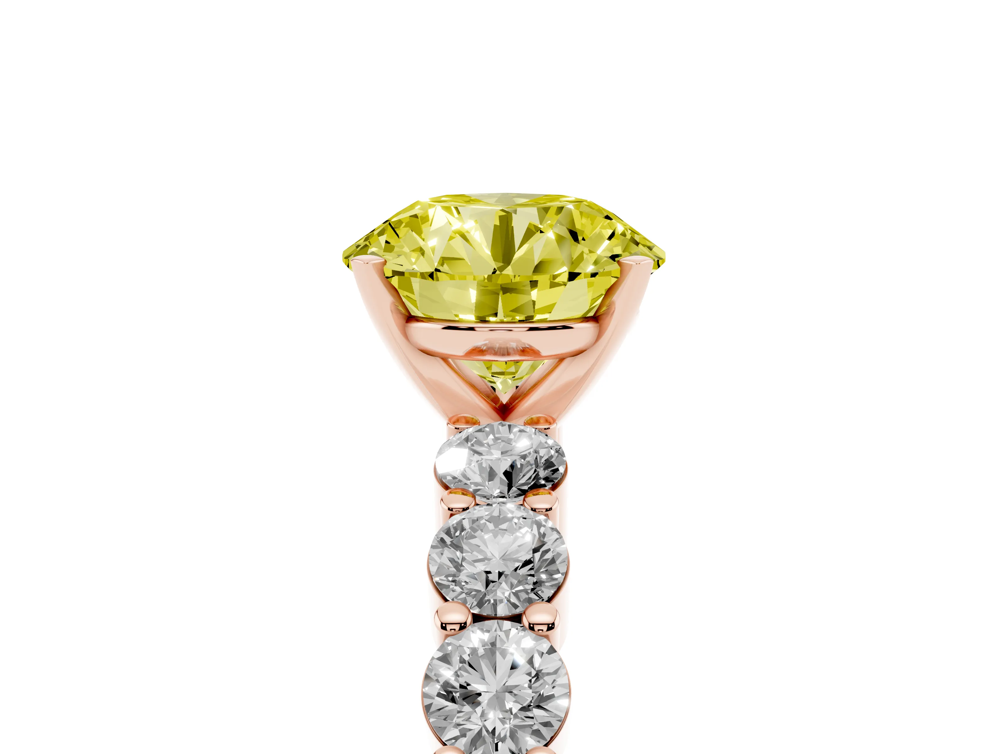 Fancy Yellow Round Cut Diamond Solitaire Ring Set in Rose gold with Shared Prong Round Side Stones