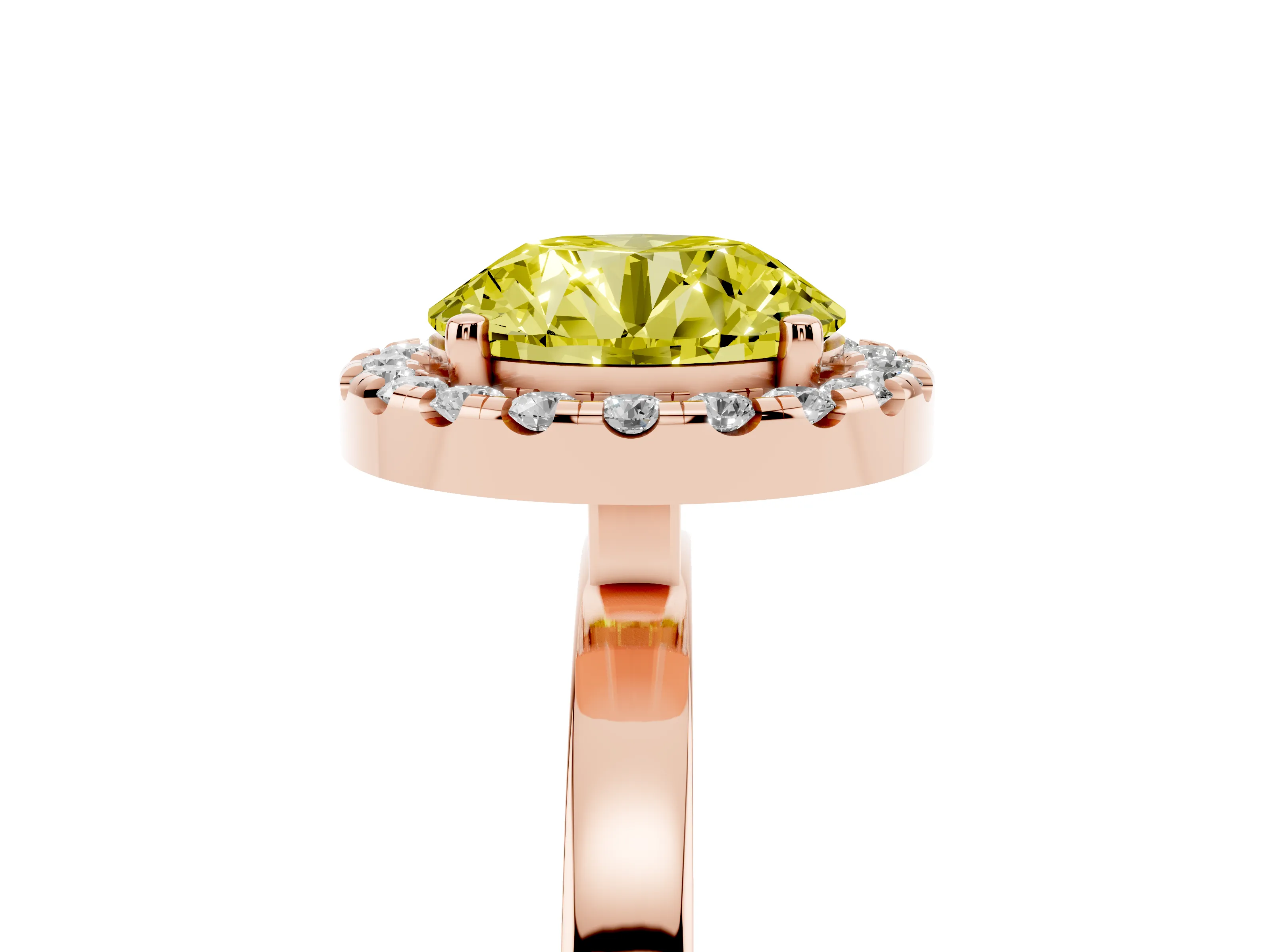 Fancy Yellow Round Cut Diamond Halo Solitaire Ring Set in Rose gold with Pavé Band and Prong Setting