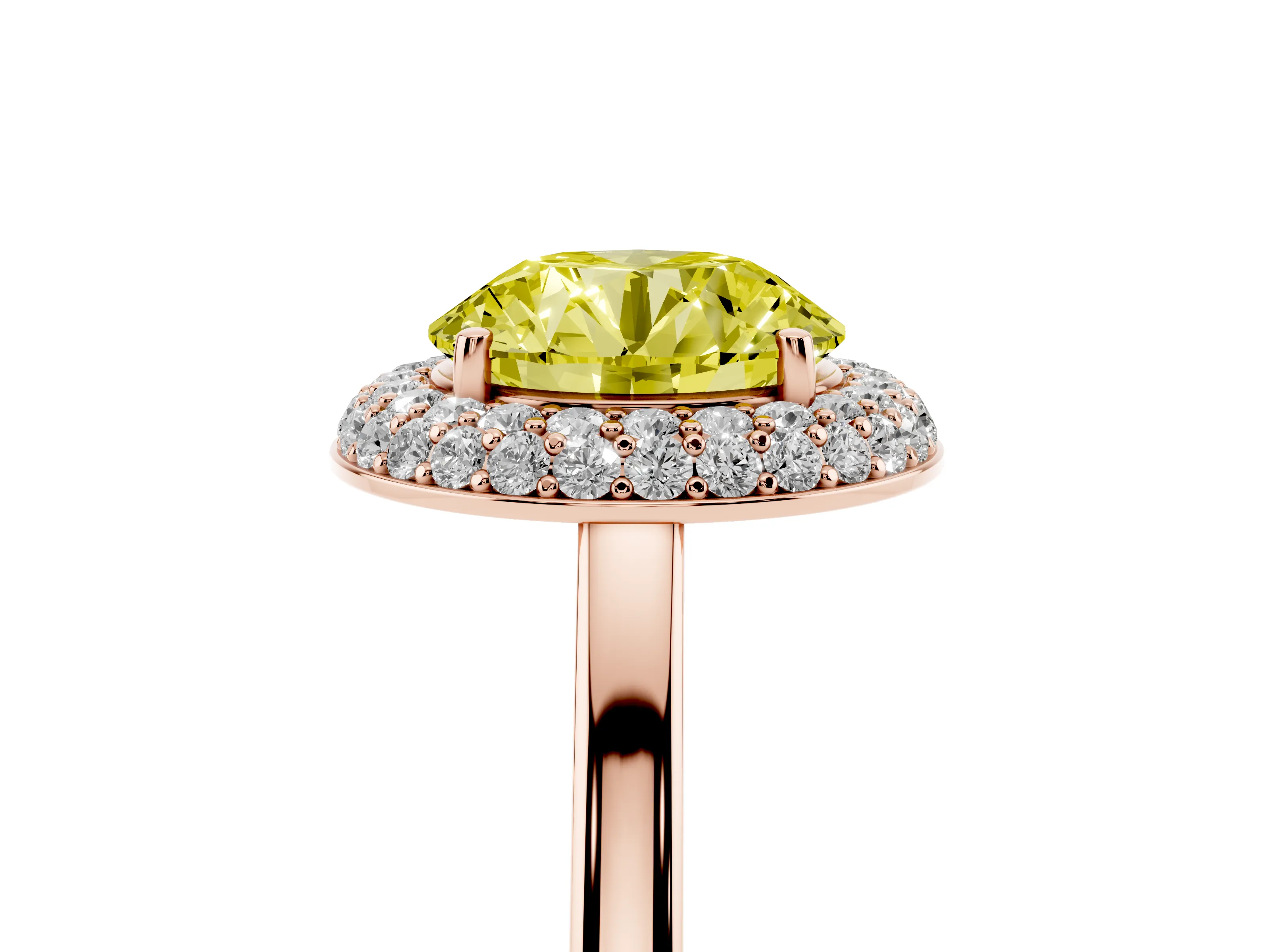 Fancy Yellow Round Cut Diamond Halo Engagement Ring Set in Rose gold with Solitaire Band and Prong Setting