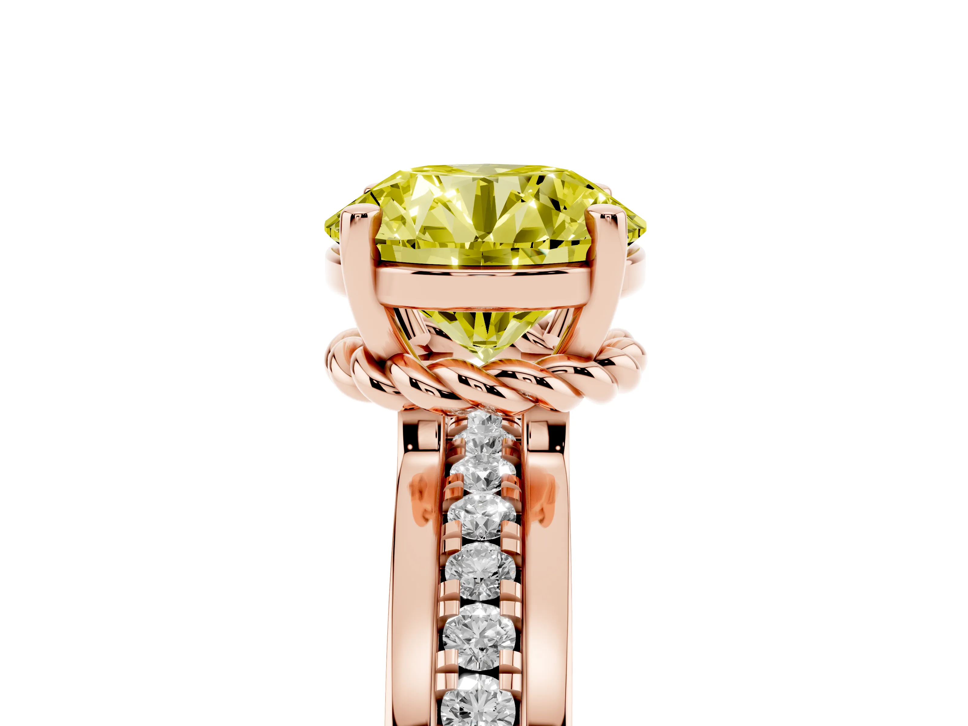 Fancy Yellow Round Cut Diamond Solitaire Ring Set in Rose gold with Channel Set Band and Prong Setting