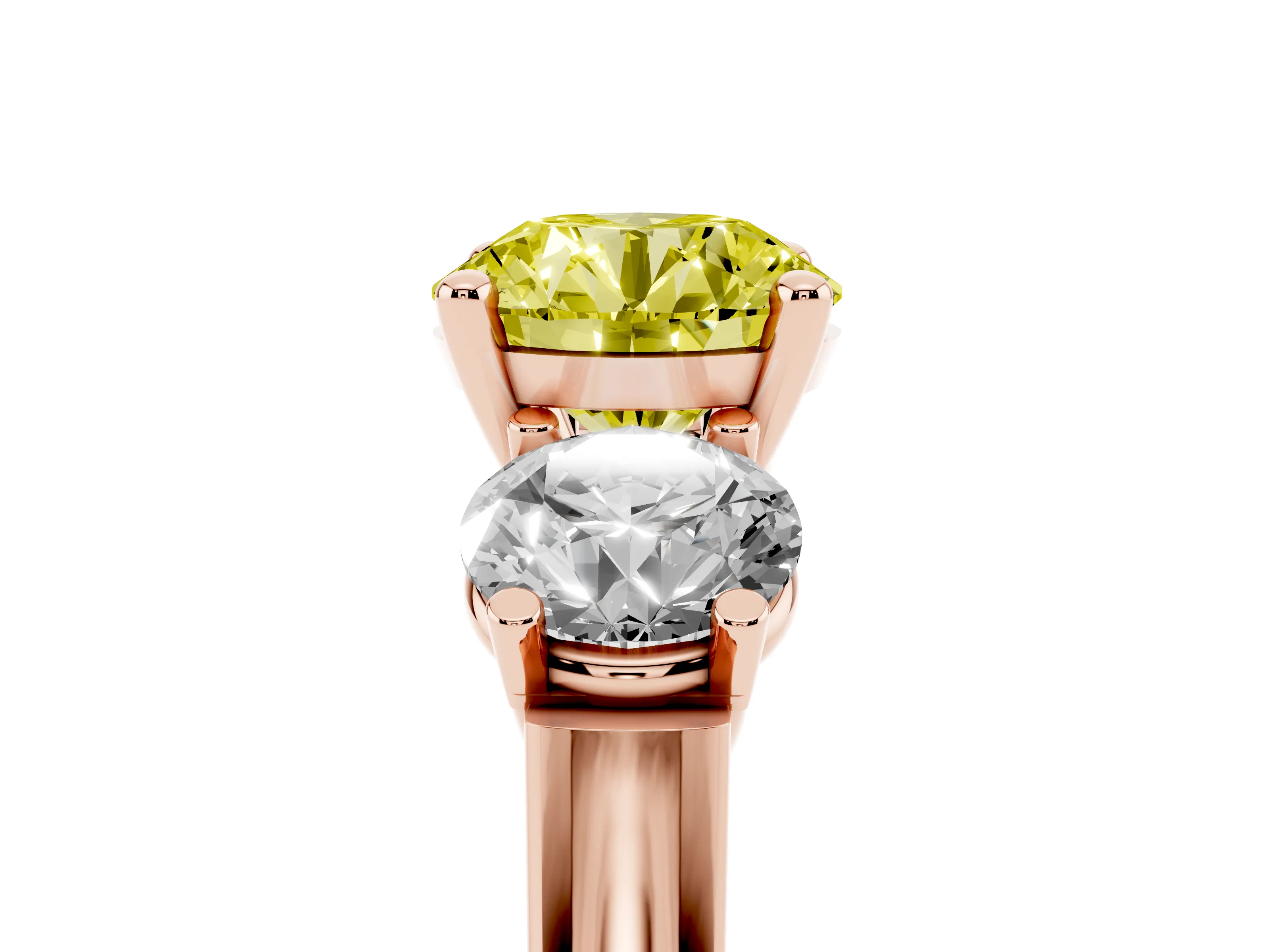 Fancy Yellow Round Cut Diamond Three-Stone Trellis Ring Set in Rose gold with Comfort Fit Band