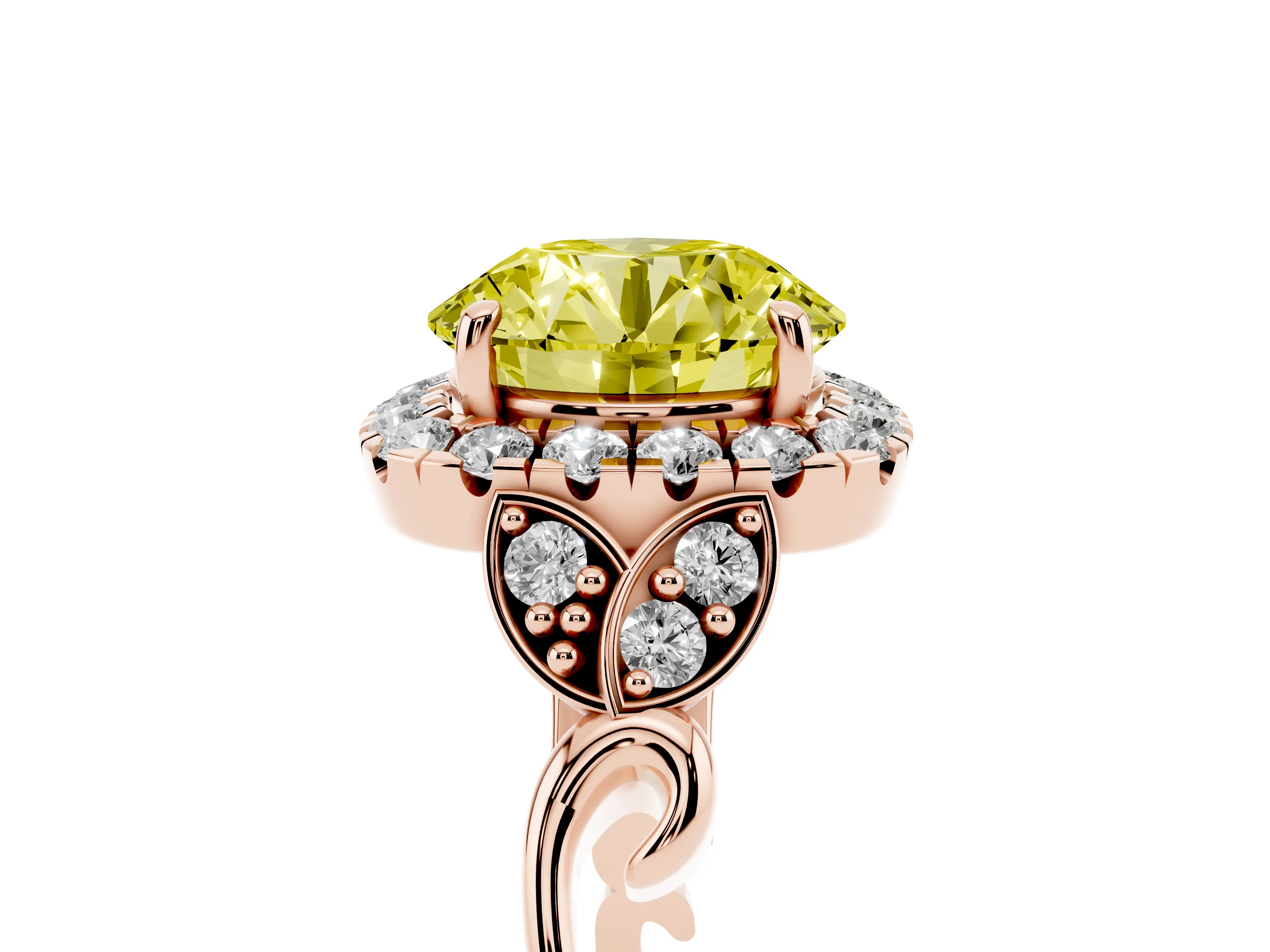 Fancy Yellow Round Cut Diamond Halo Engagement Ring Set in Rose gold with Vintage-Inspired Band and Prong Setting