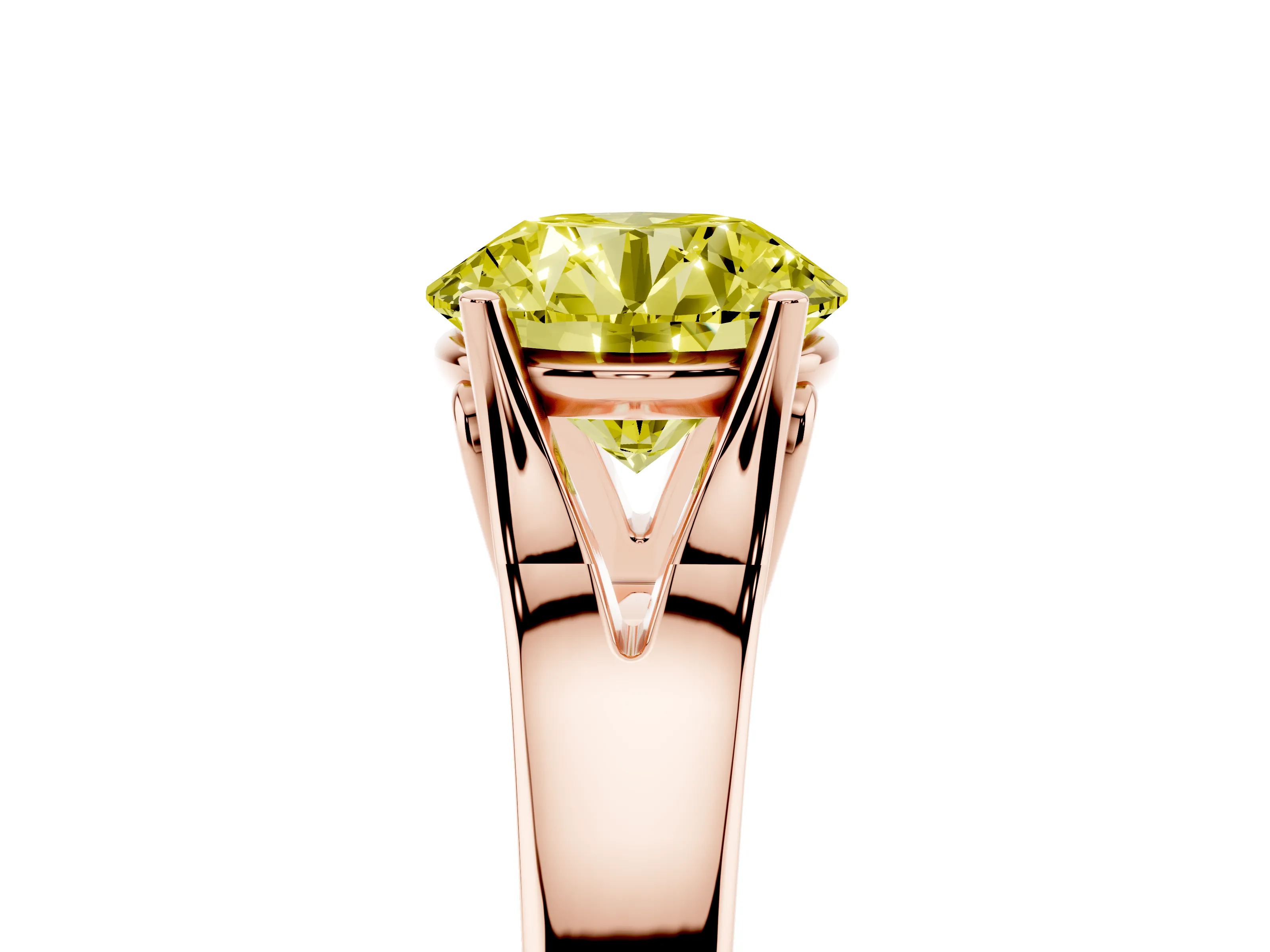 Fancy Yellow Round Cut Diamond Solitaire Ring Set in Rose gold with Arched Cathedral Band and Prong Setting