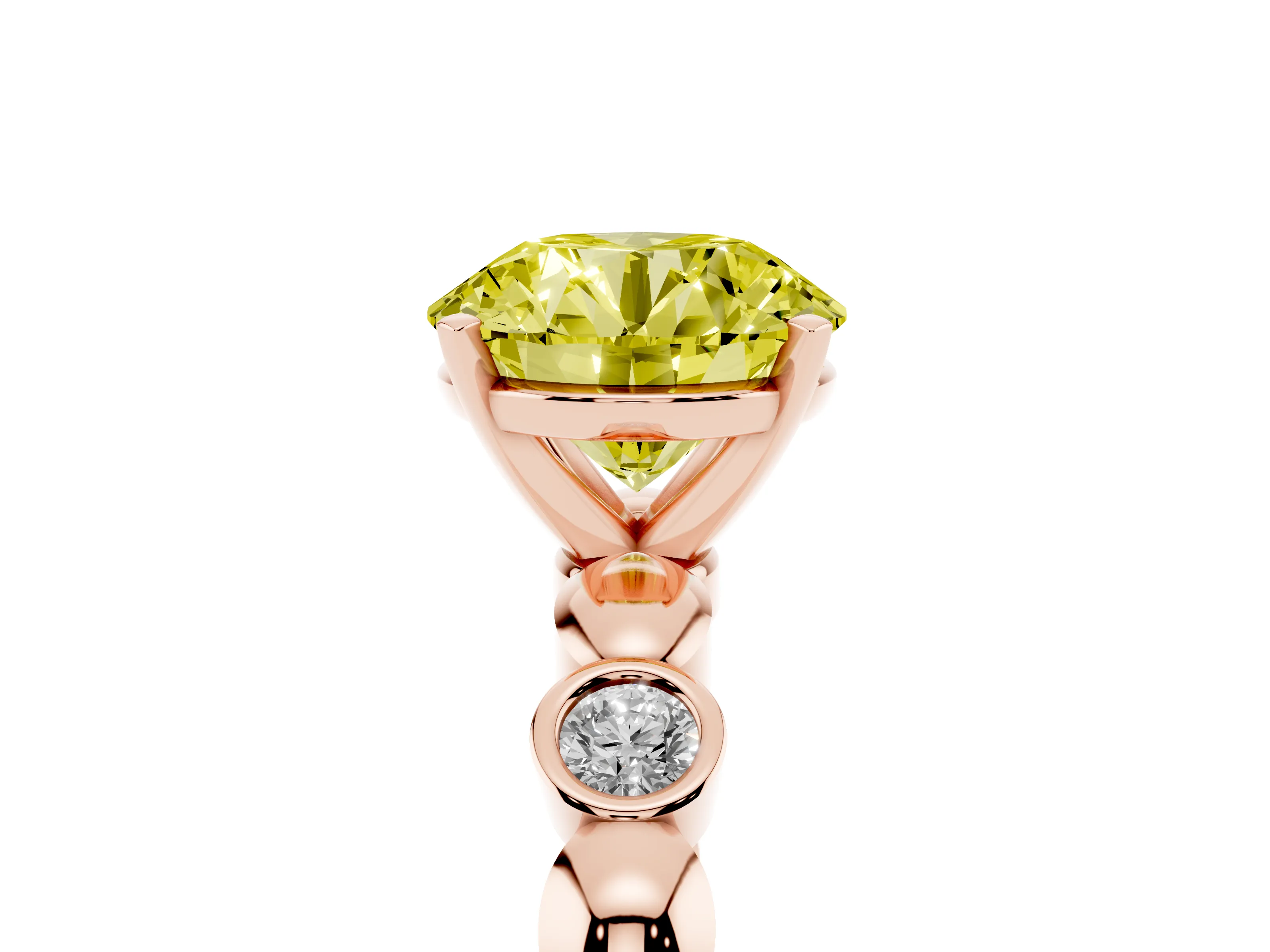 Fancy Yellow Round Cut Diamond Solitaire Ring Set in Rose gold with Bezel-Set Accents on Beaded Band and Prong Setting