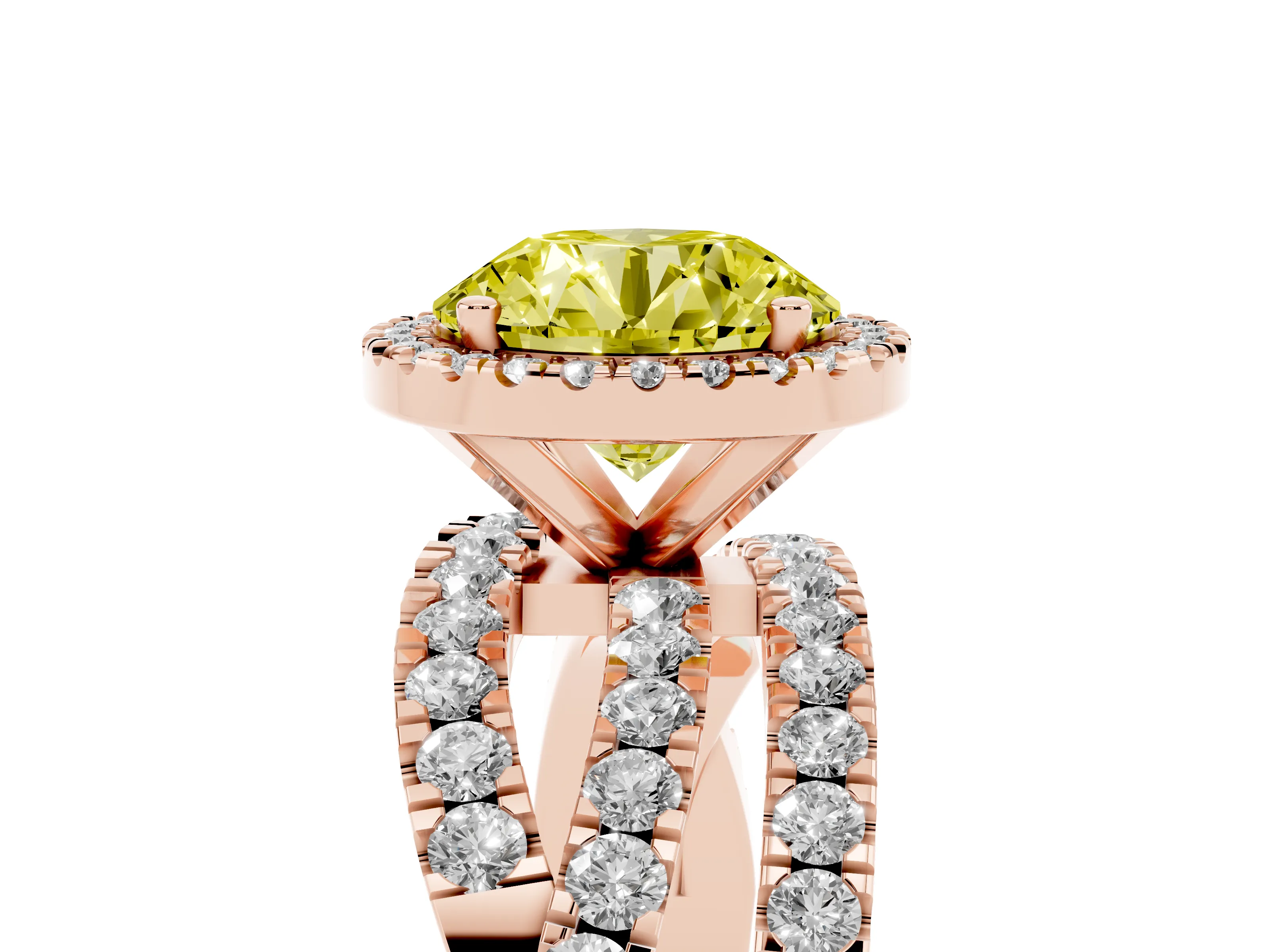 Fancy Yellow Round Cut Diamond Halo Ring Set in Rose gold with Round Crossover Split Shank and Prong Setting
