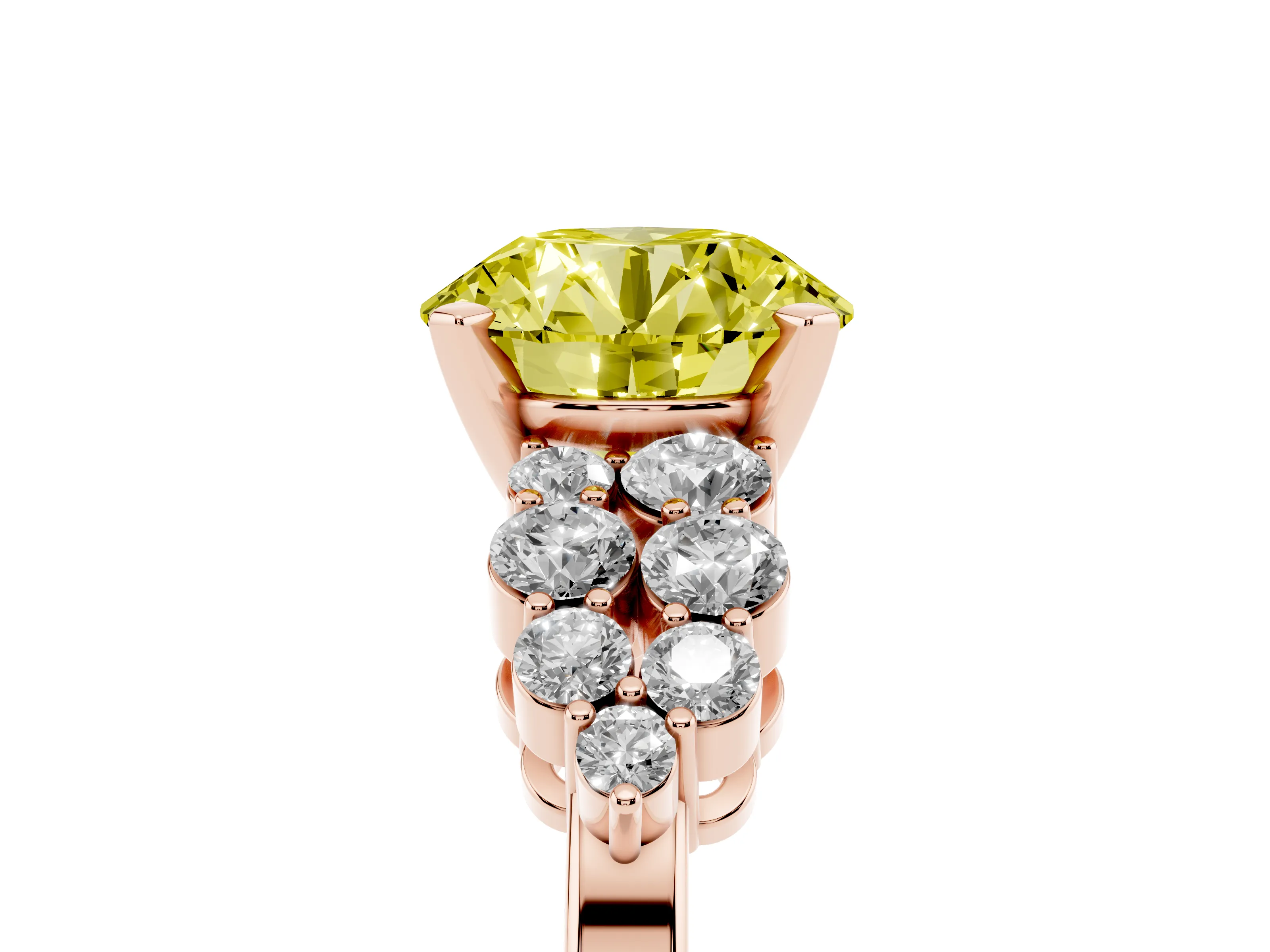 Fancy Yellow Round Cut Diamond Cluster Engagement Ring Set in Rose gold with Pavé Band and Prong Setting