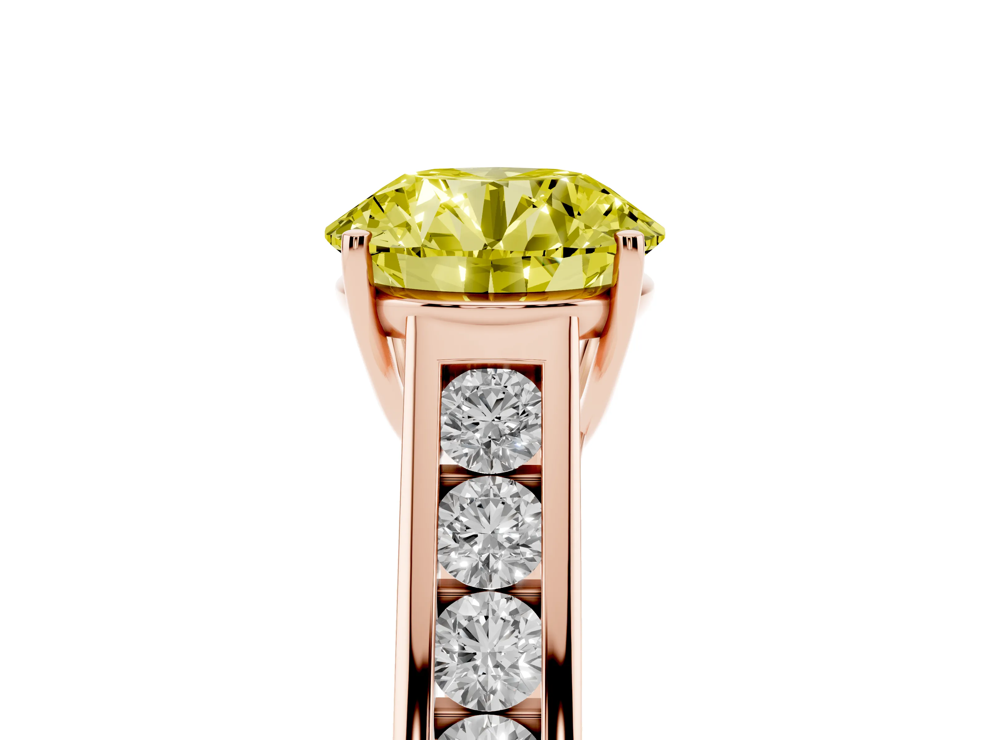 Fancy Yellow Round Cut Diamond Solitaire Channel-Set Engagement Ring Set in Rose gold with Prong Setting