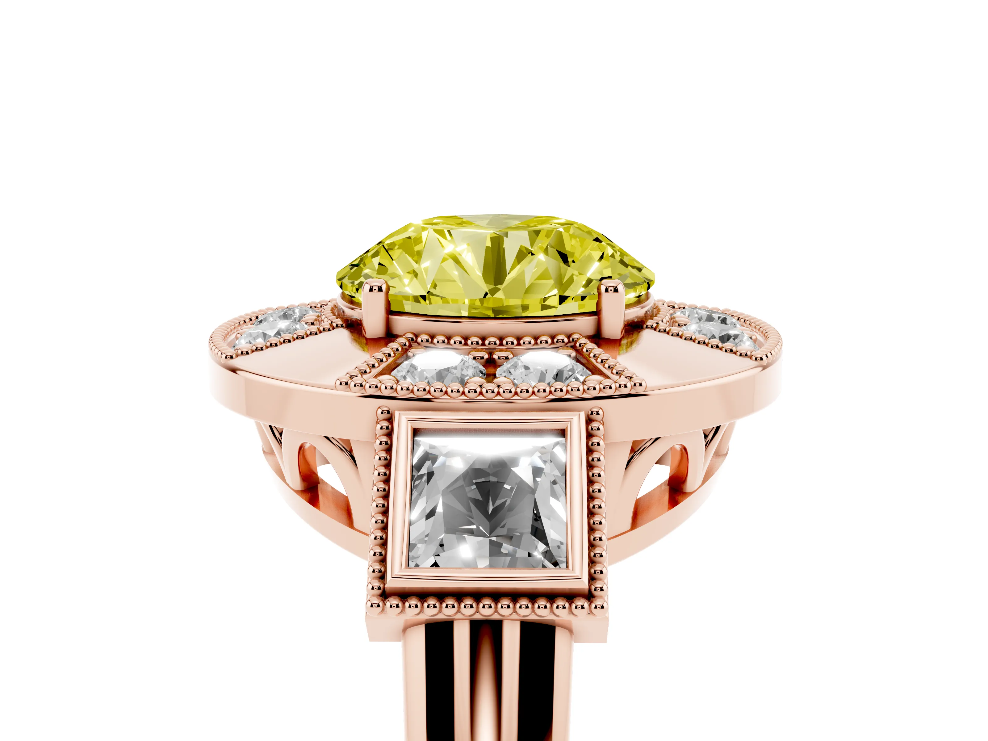 Fancy Yellow Round Cut Diamond Milgrain Halo Ring Set in Rose gold with Split Shank
