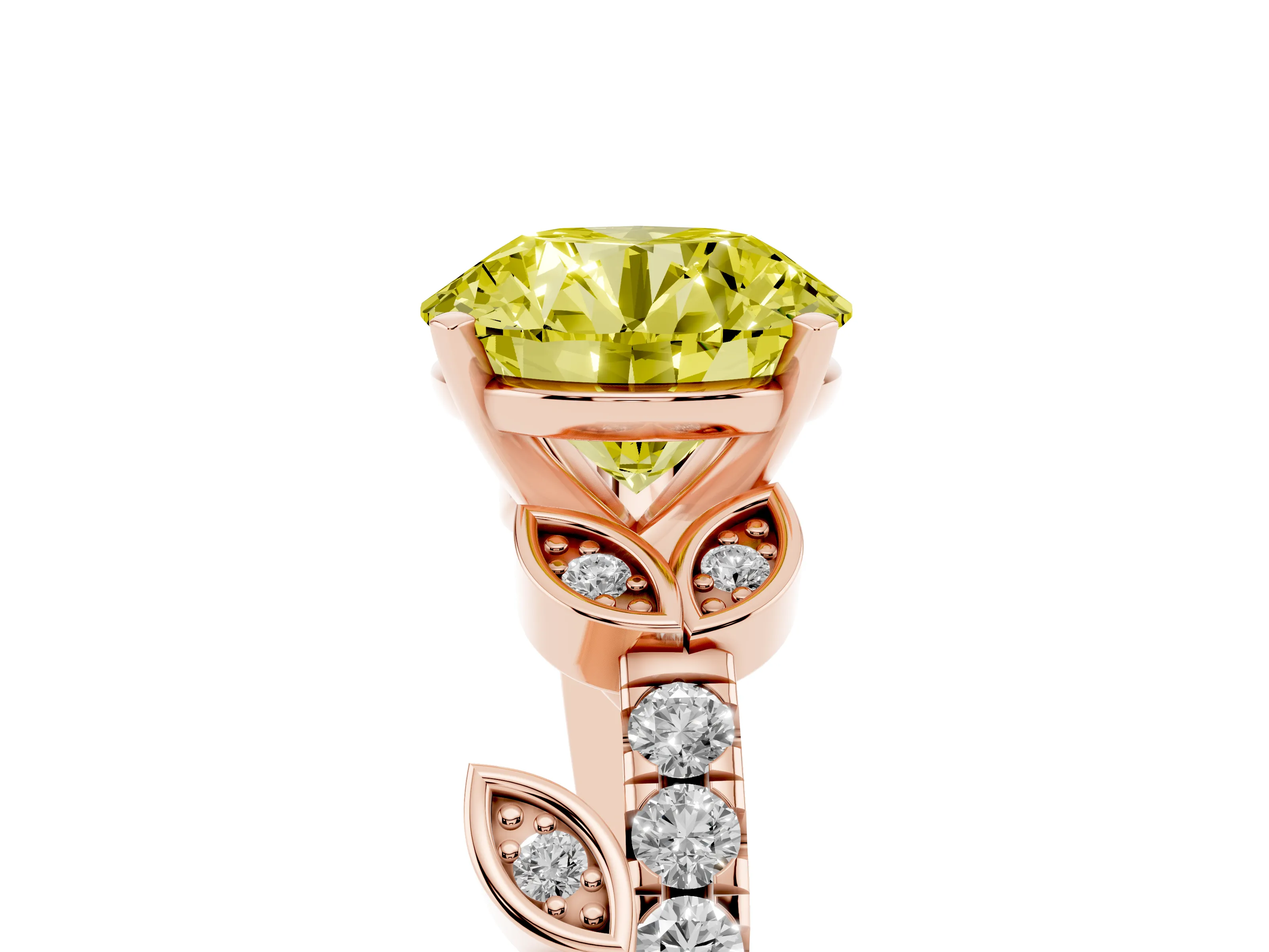 Fancy Yellow Round Cut Diamond Solitaire Leaf-Inspired Ring Set in Rose gold with Pavé Band and Prong Setting