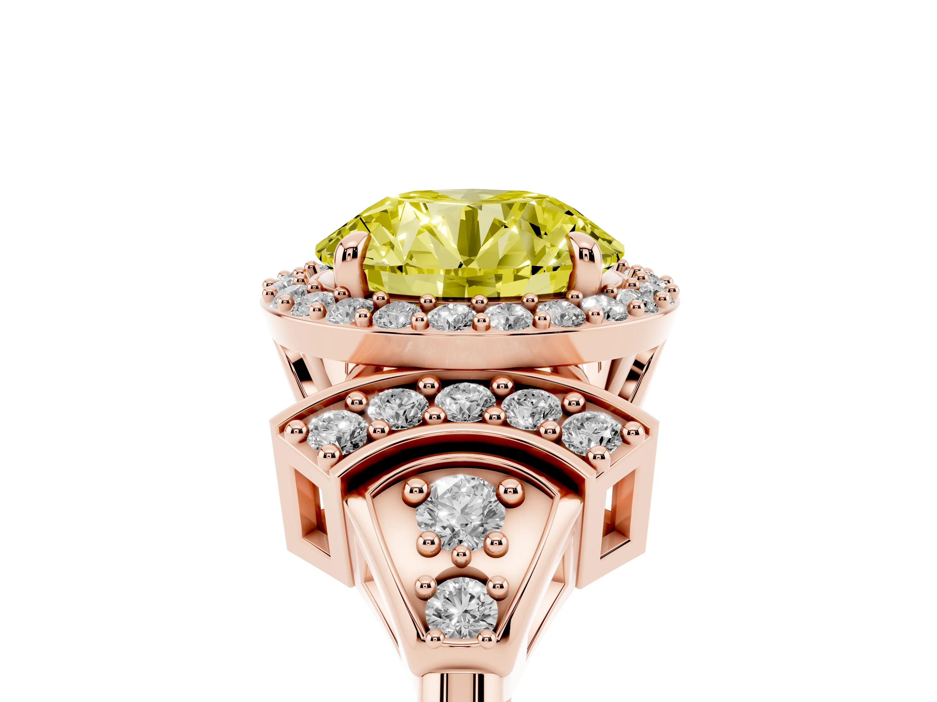 Fancy Yellow Round Cut Diamond Halo Engagement Ring Set in Rose gold with Accent Stone Split Shank