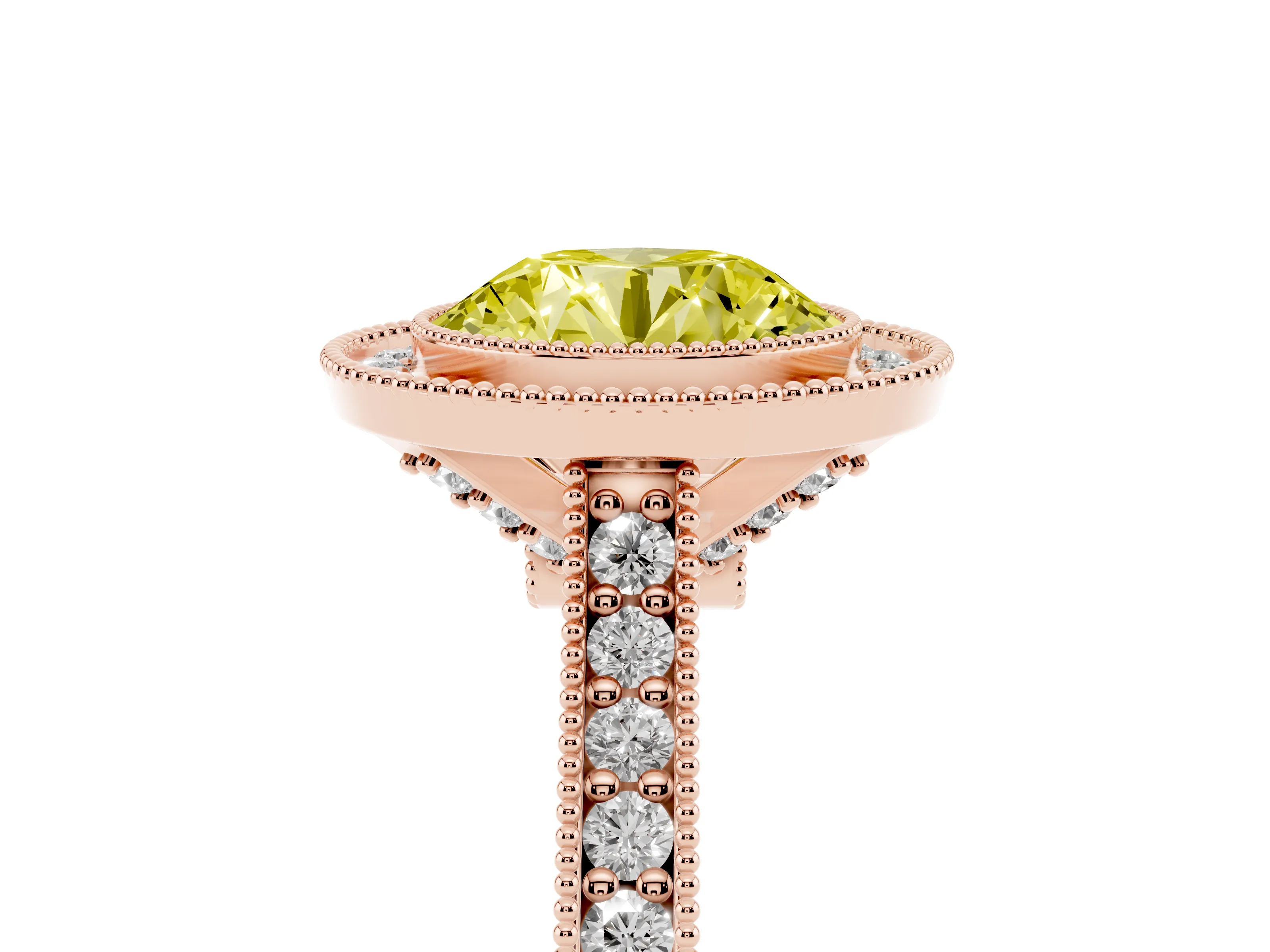 Fancy Yellow Round Cut Diamond Halo Milgrain Pavé Band Ring Set in Rose gold with Prong Setting