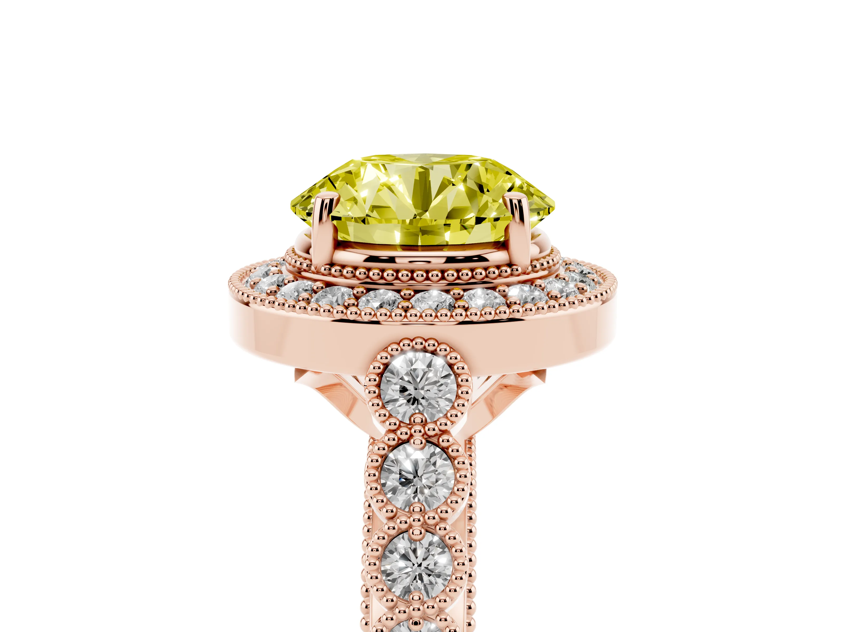 Fancy Yellow Round Cut Diamond Milgrain Halo Solitaire Ring Set in Rose gold with Bezel Set Side Stones and Pavé Band