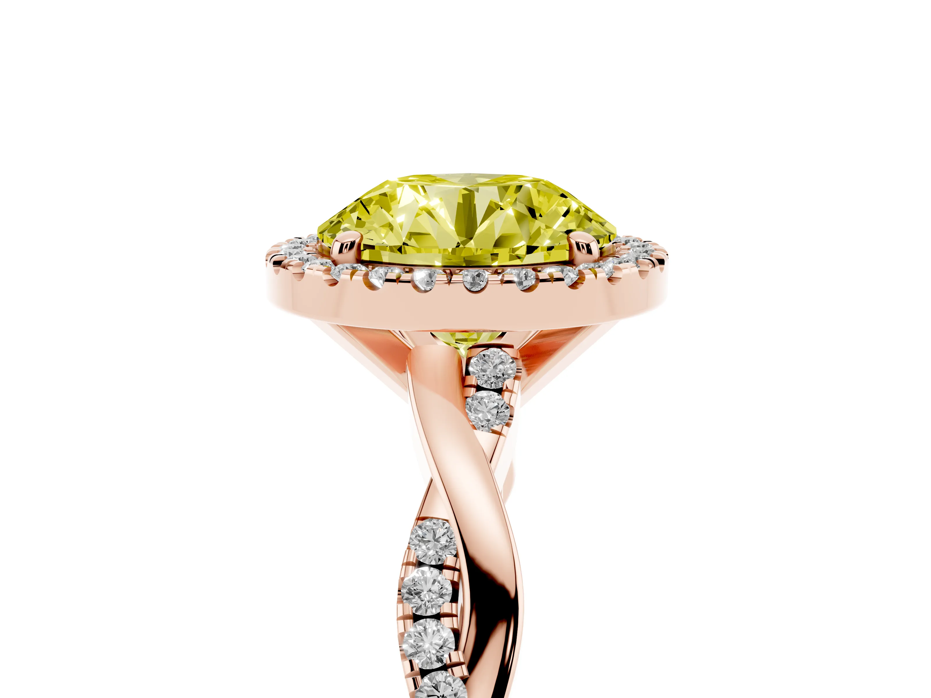 Fancy Yellow Round Cut Diamond Halo Twisted Band Ring Set in Rose gold with Prong Setting
