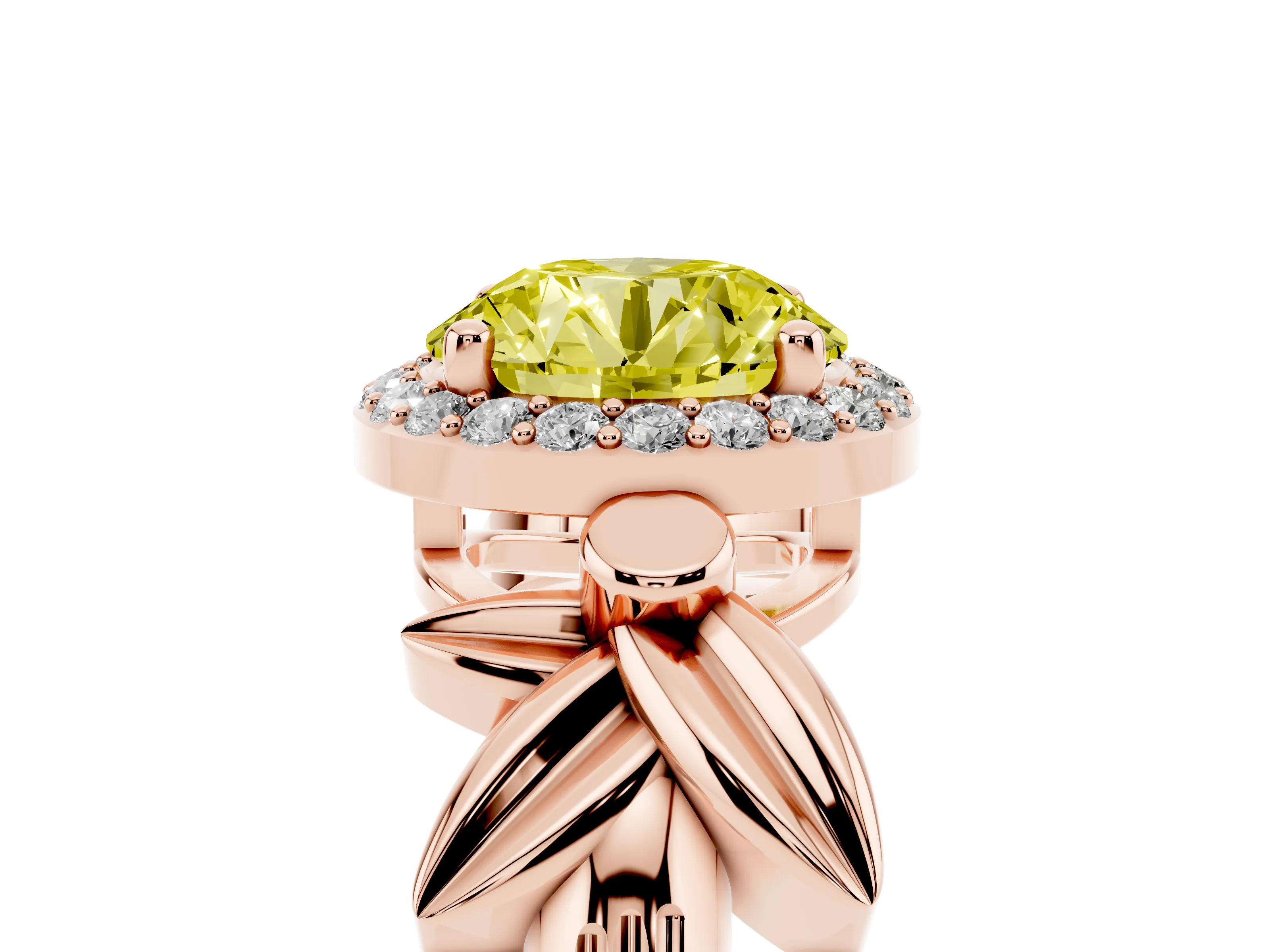 Fancy Yellow Round Cut Diamond Halo Floral Band Ring Set in Rose gold with Prong Setting