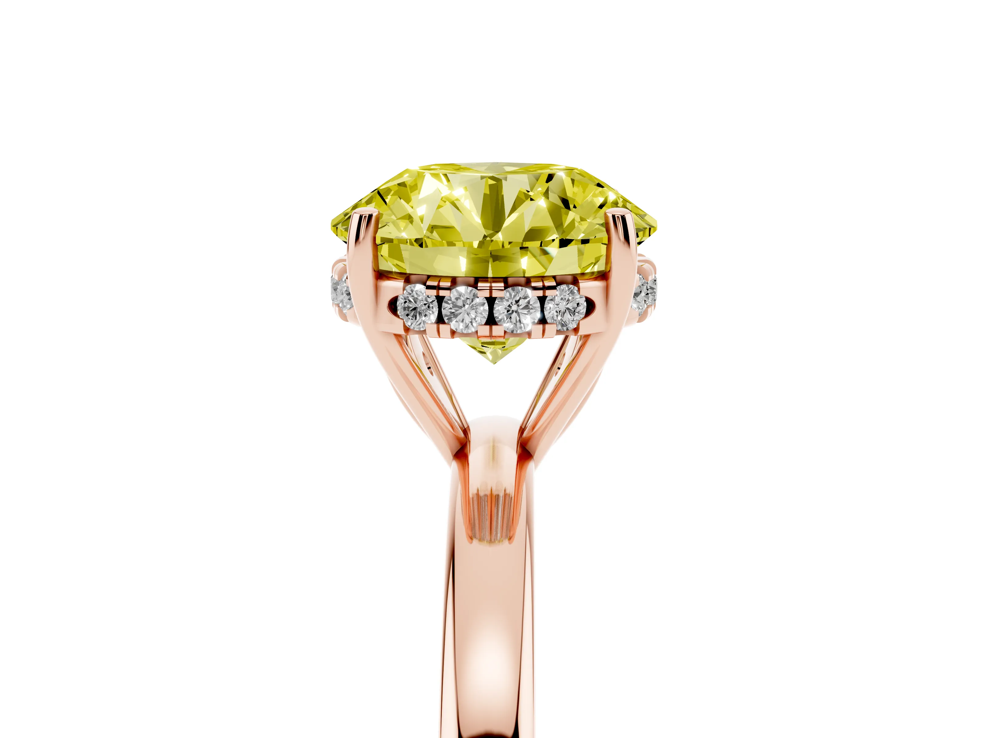 Fancy Yellow Round Cut Diamond Solitaire Ring Set in Rose gold with Plain Band and Prong Setting