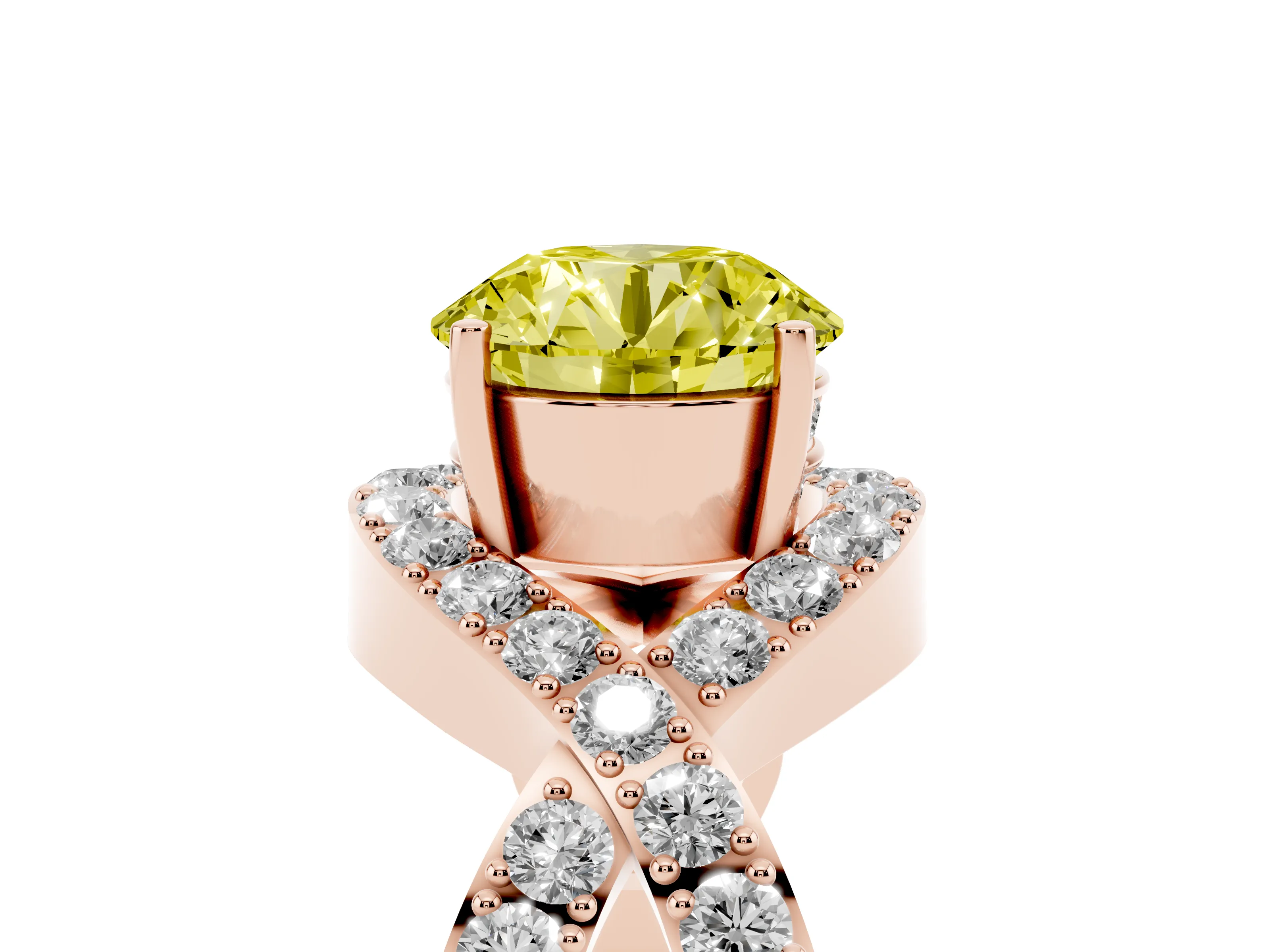 Fancy Yellow Round Cut Diamond Solitaire Twist Band Pavé Engagement Ring Set in Rose gold