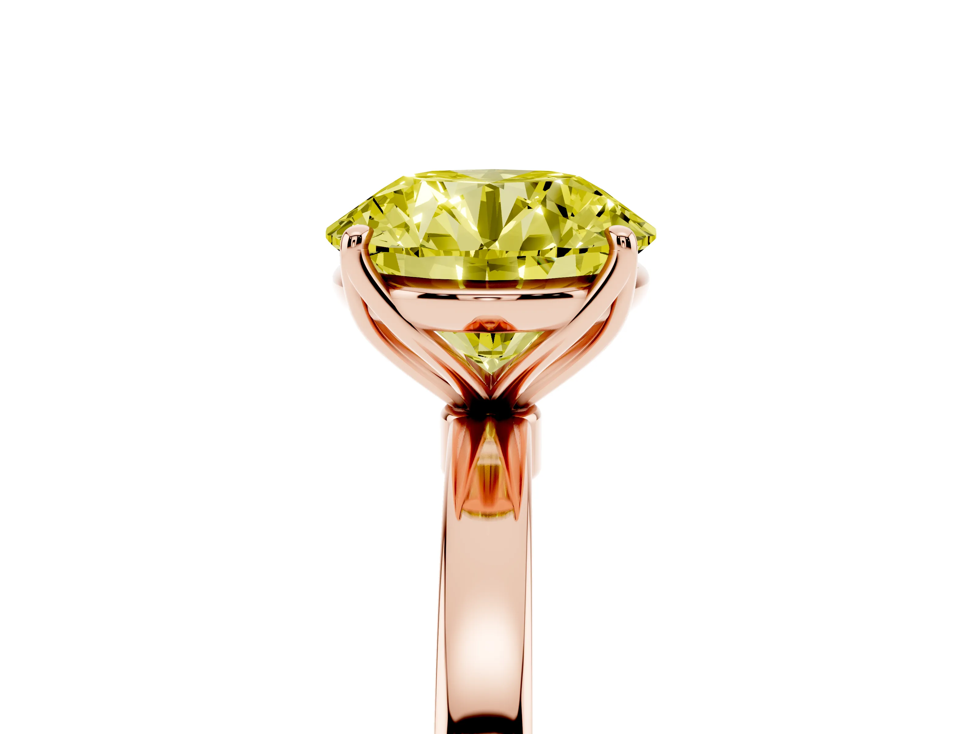 Fancy Yellow Round Cut Diamond Solitaire Ring Set in Rose gold with Prong Setting and Thin Polished Band