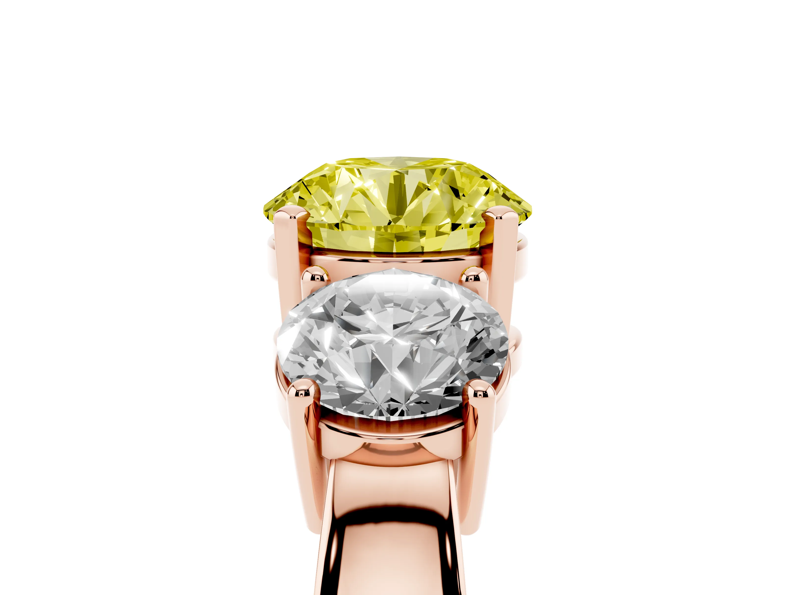 Fancy Yellow Round Cut Diamond Three-Stone Ring Set in Rose gold with Round Side Stones and Classic Band
