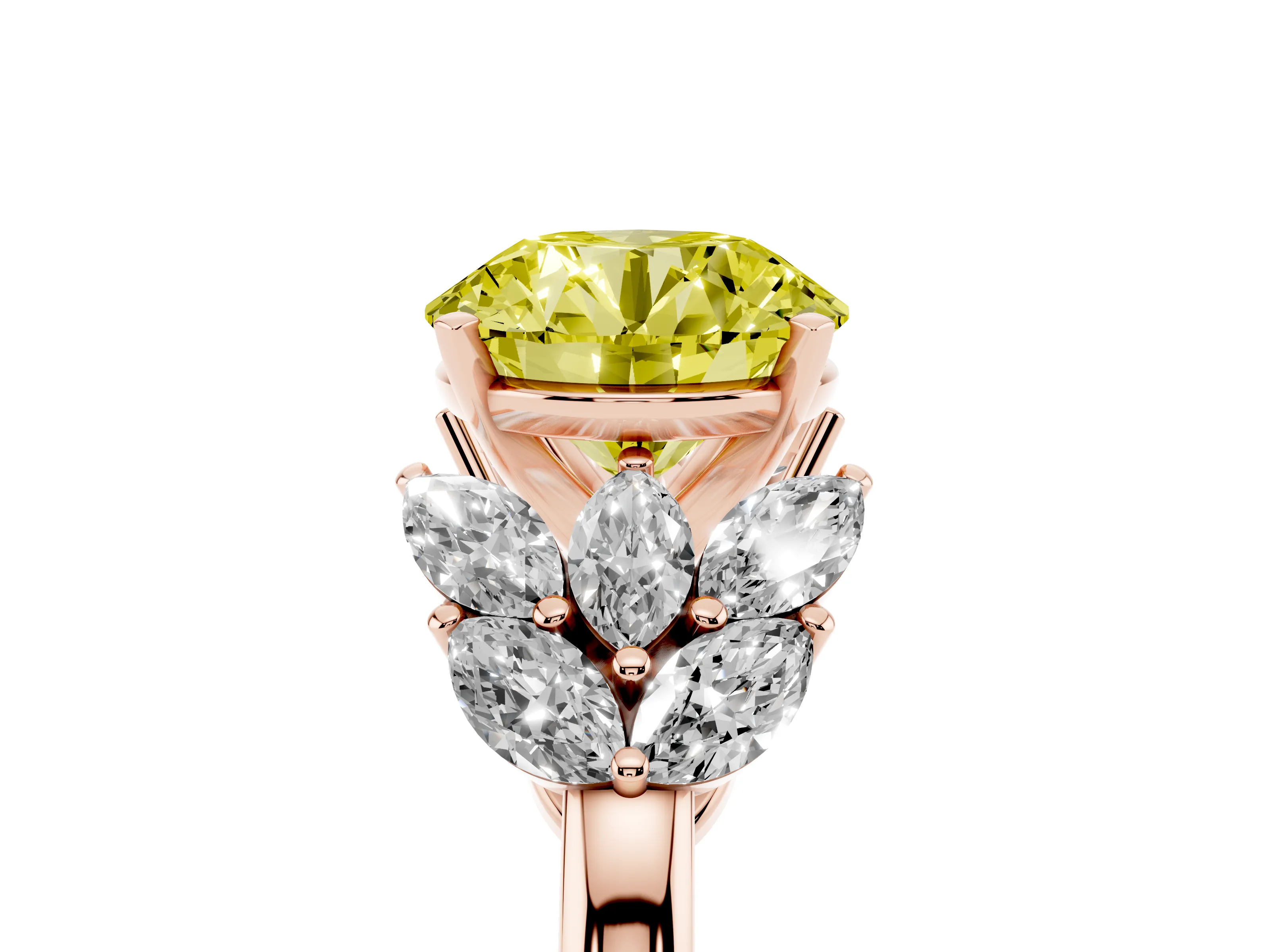 Fancy Yellow Round Cut Diamond Cluster Leaf Design Ring Set in Rose gold with Prong Setting