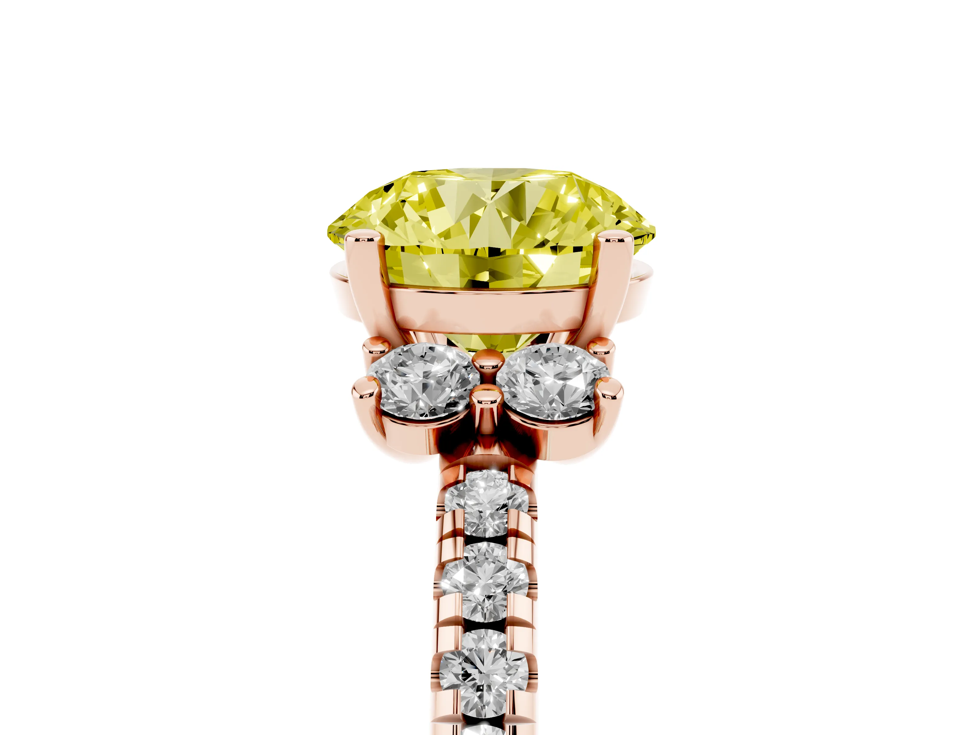 Fancy Yellow Round Cut Diamond Three-Stone Pavé Ring Set in Rose gold with Prong Setting
