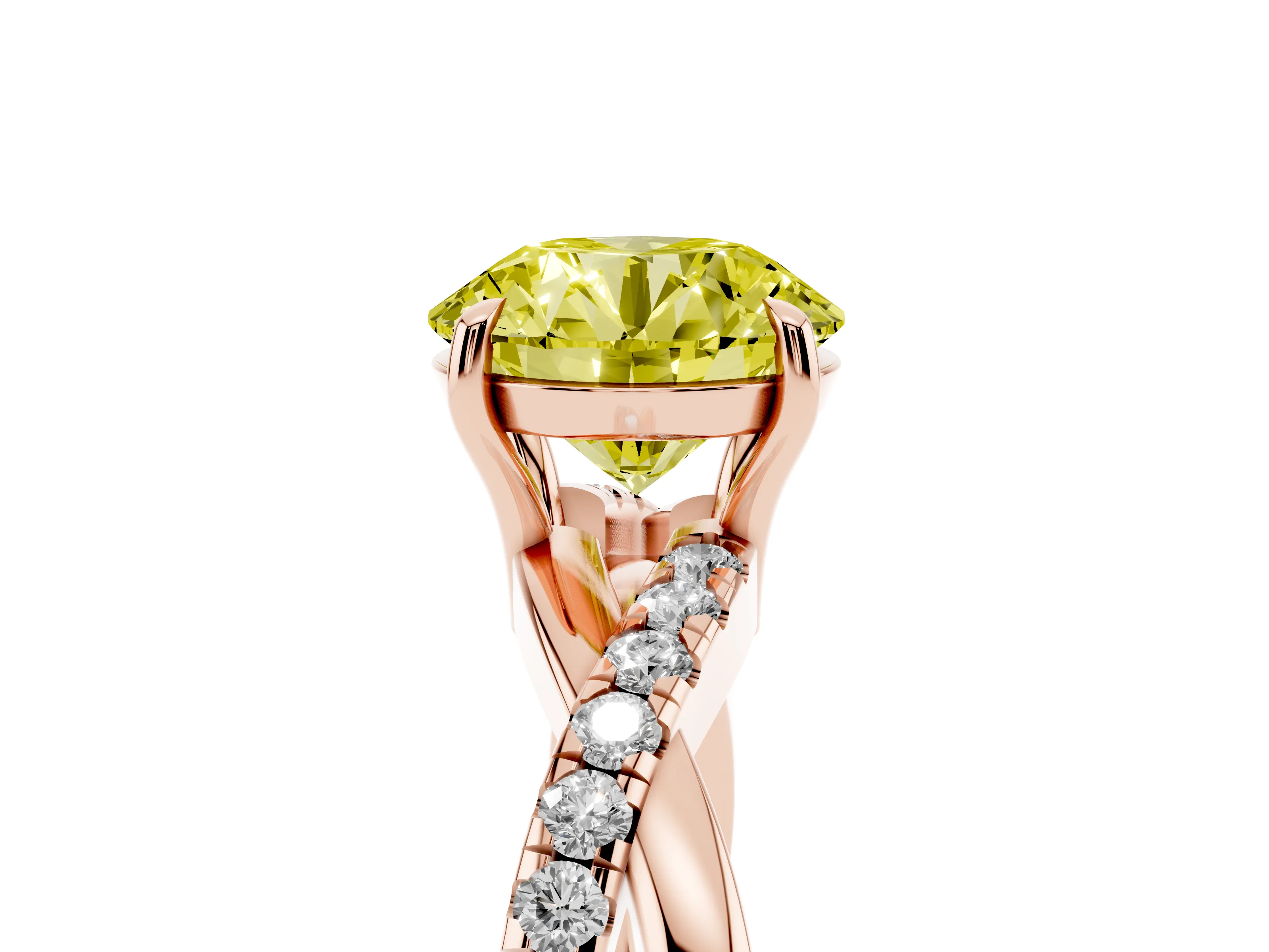 Fancy Yellow Round Cut Diamond Twisted Pavé Band Ring Set in Rose gold with Prong Setting