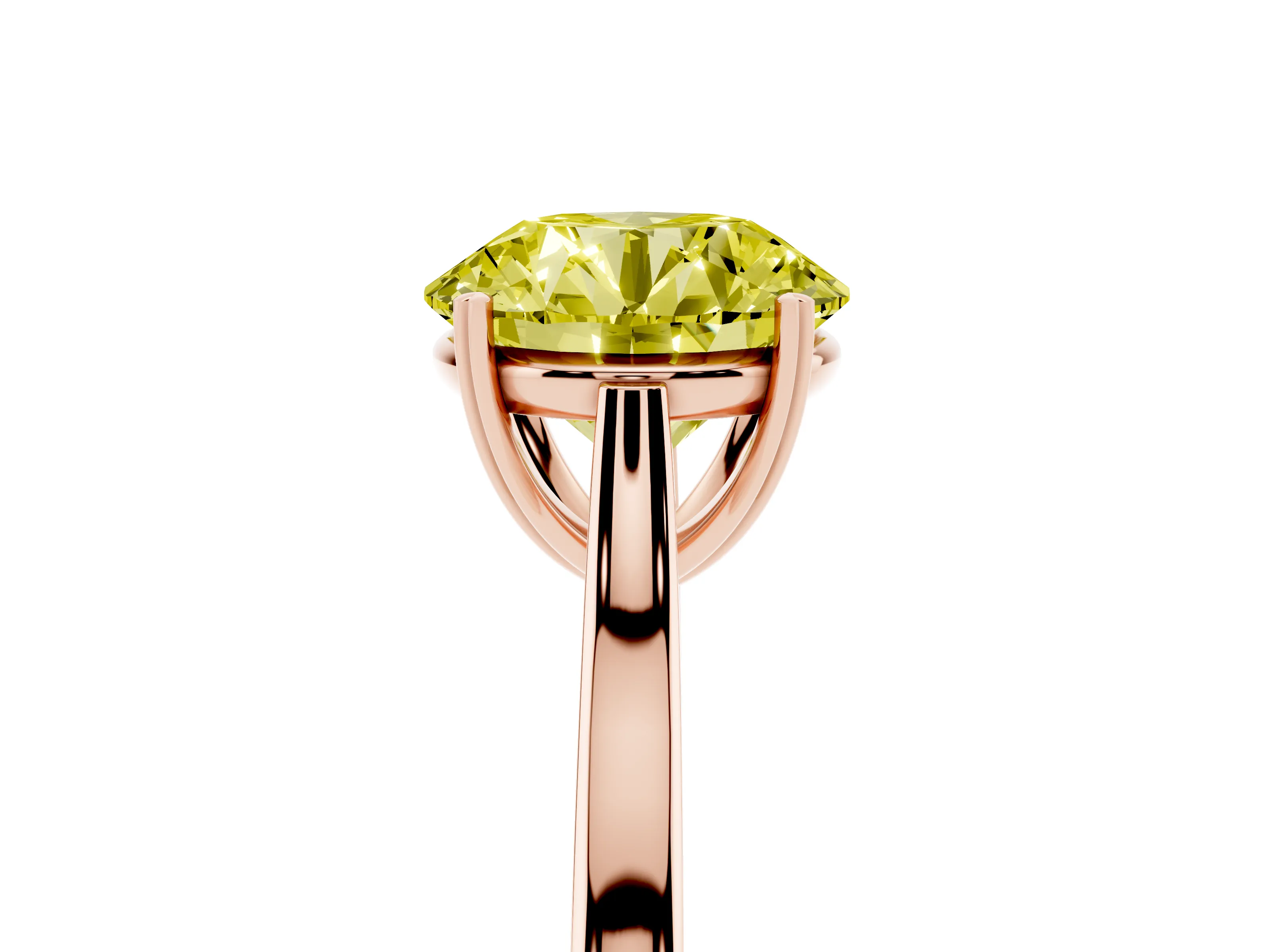 Fancy Yellow Round Cut Diamond Solitaire Heart Prong Engagement Ring Set in Rose gold with Tapered Band