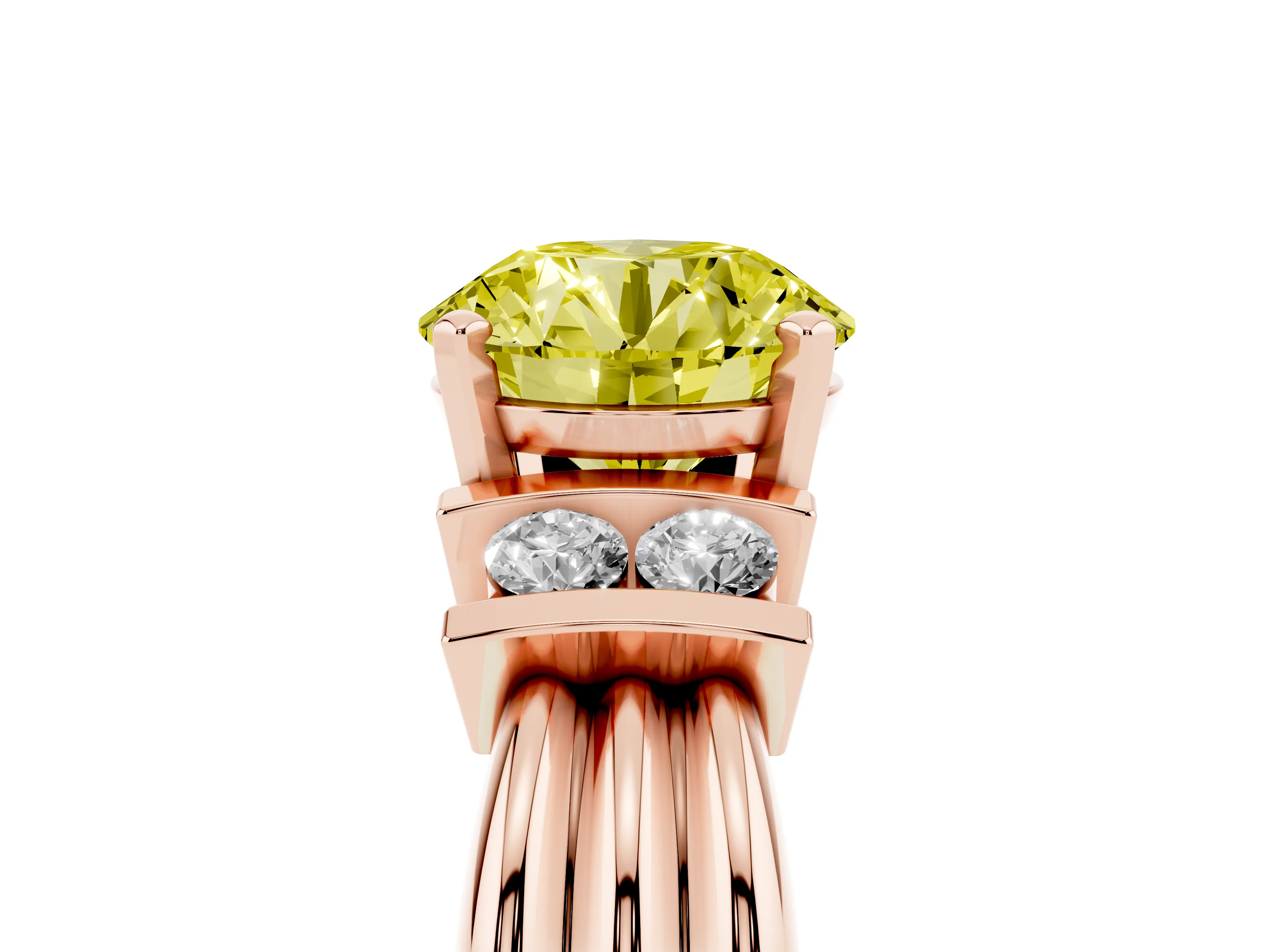 Fancy Yellow Three-Stone Round Cut Diamond Channel Set Ring Set in Rose gold with Bar Prongs
