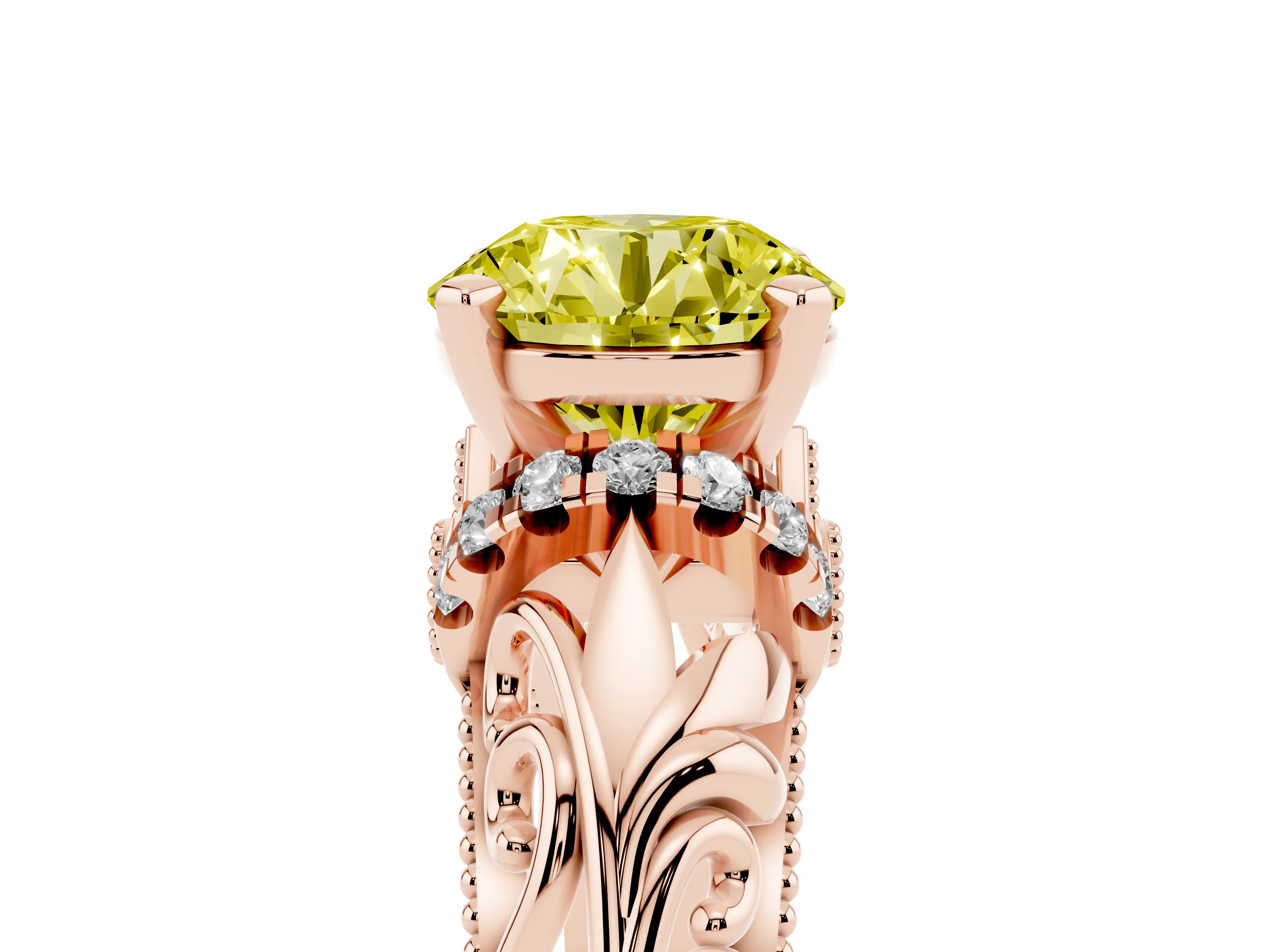 Fancy Yellow Round Cut Diamond Filigree Halo Engagement Ring Set in Rose gold with Prong Setting