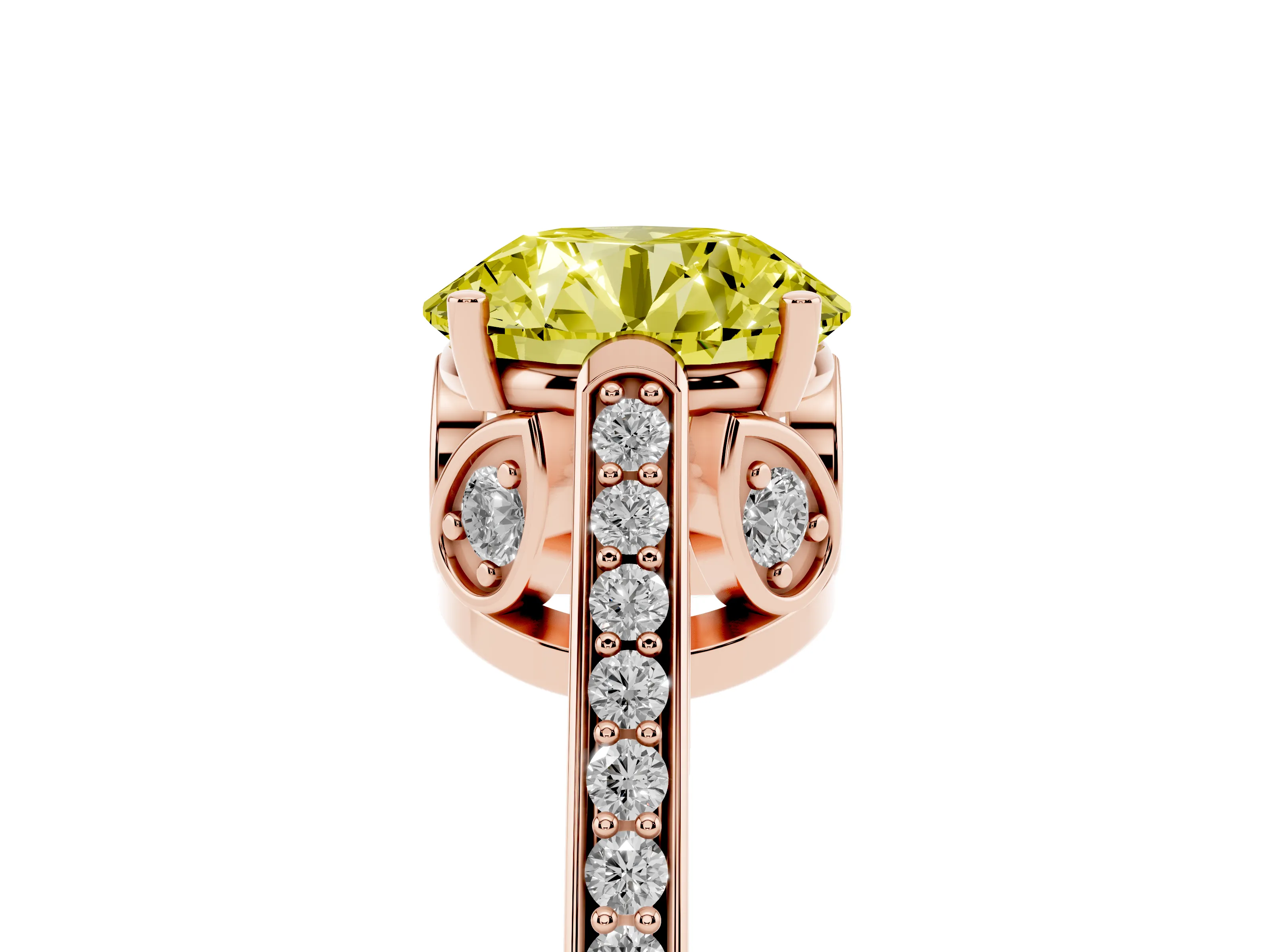 Fancy Yellow Round Cut Diamond Cathedral Pavé Engagement Ring Set in Rose gold with Prong Setting