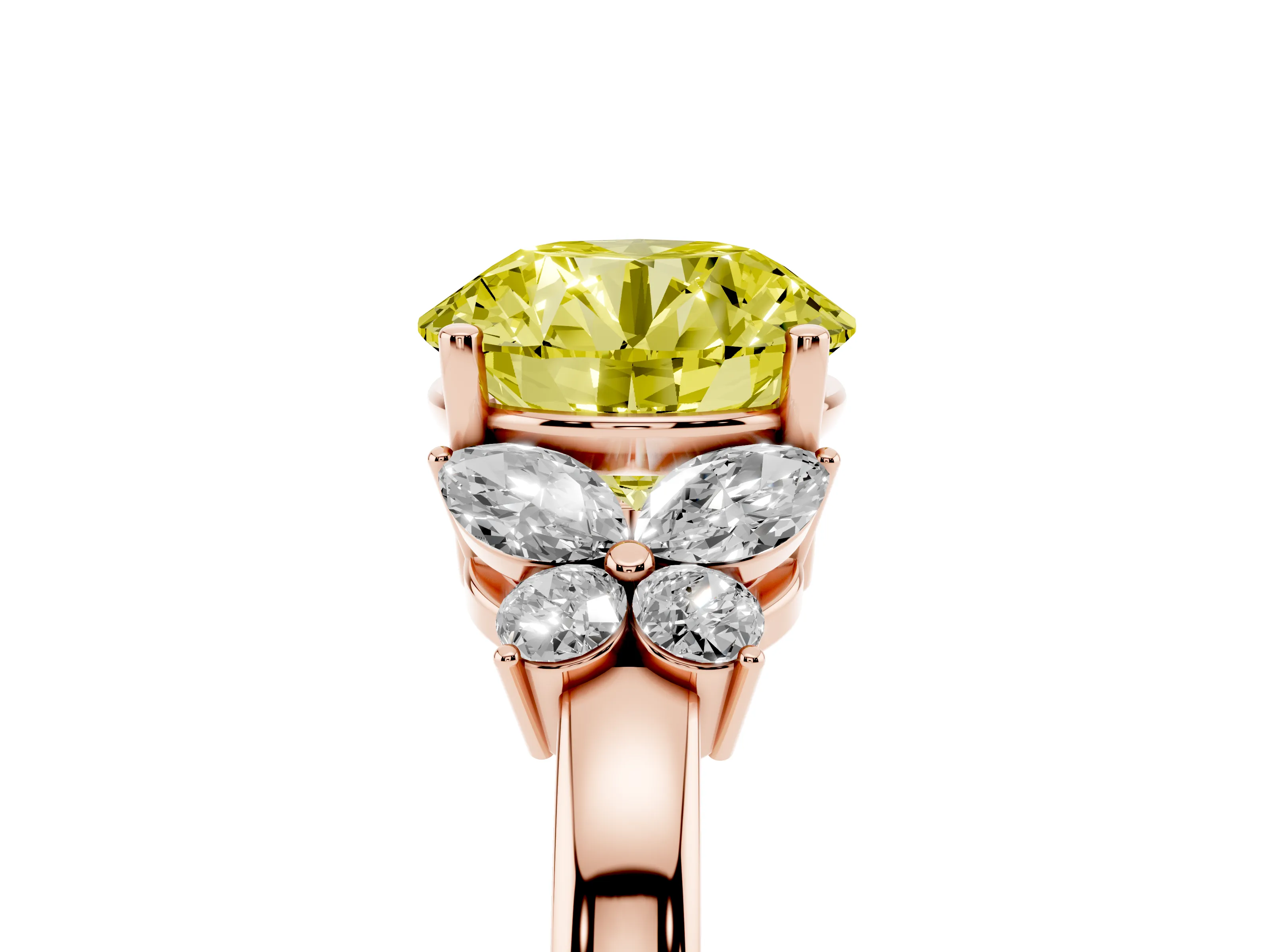 Fancy Yellow Round Cut Diamond Solitaire Floral Ring Set in Rose gold with Marquise Petals and Prong Setting