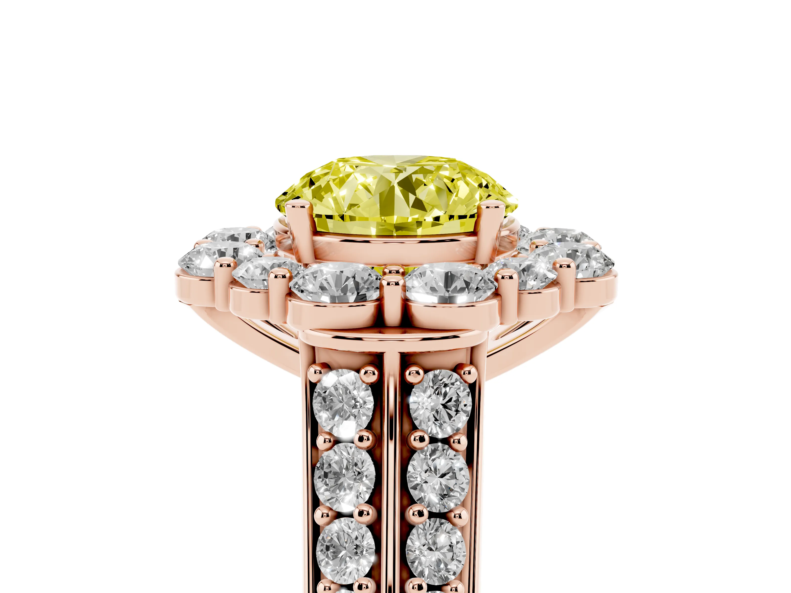 Fancy Yellow Round Cut Diamond Halo Engagement Ring Set in Rose gold with Split Shank and Prong Setting
