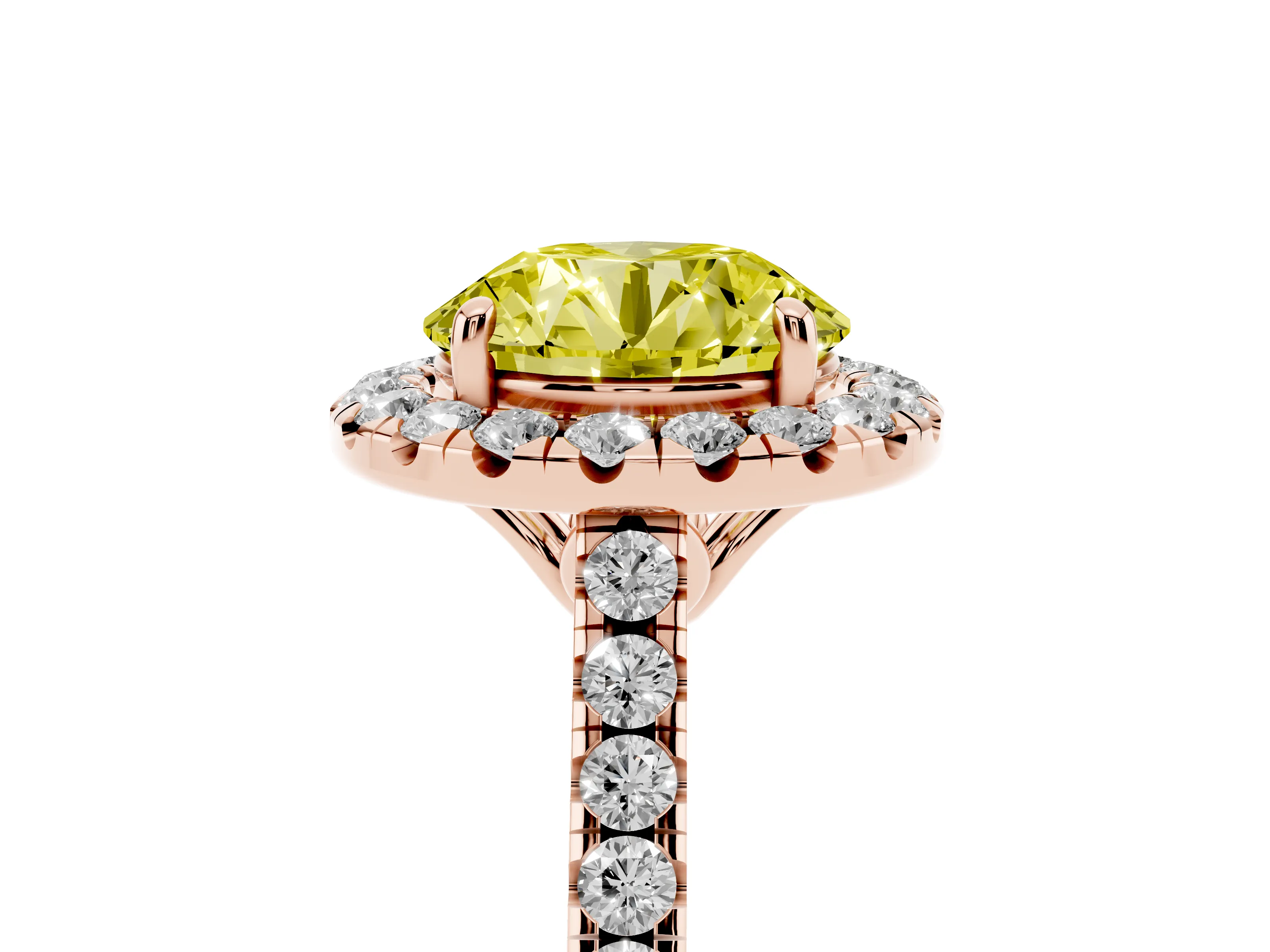 Fancy Yellow Round Cut Diamond Pavé Halo Engagement Ring Set in Rose gold with Pavé Band and Prong Setting