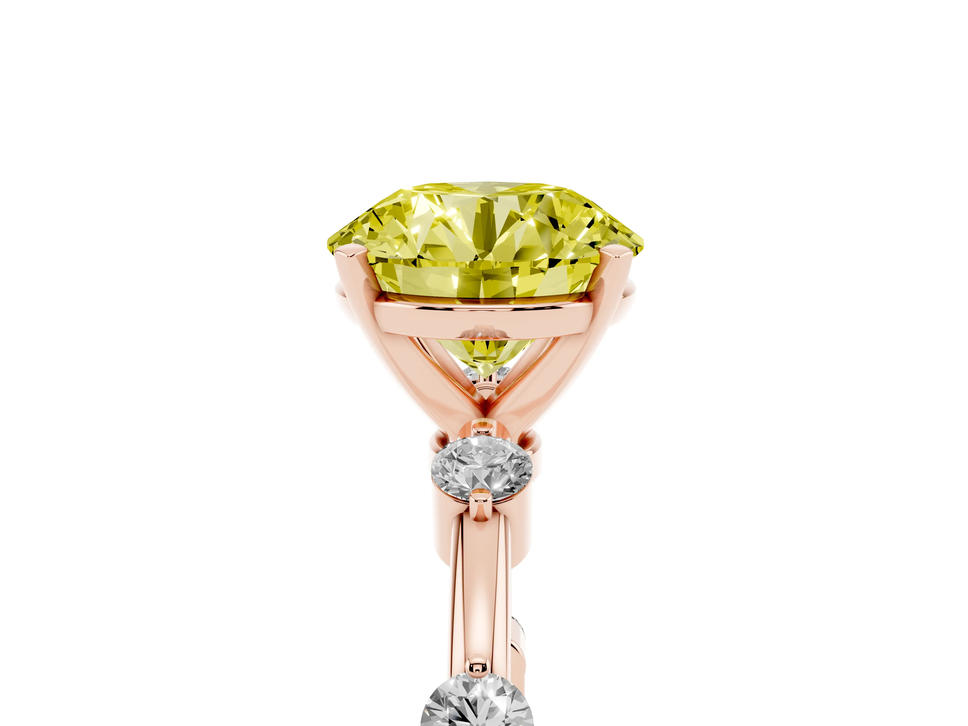 Fancy Yellow Round Cut Diamond Solitaire Ring Set in Rose gold with Bezel Set Side Stones and Prong Setting