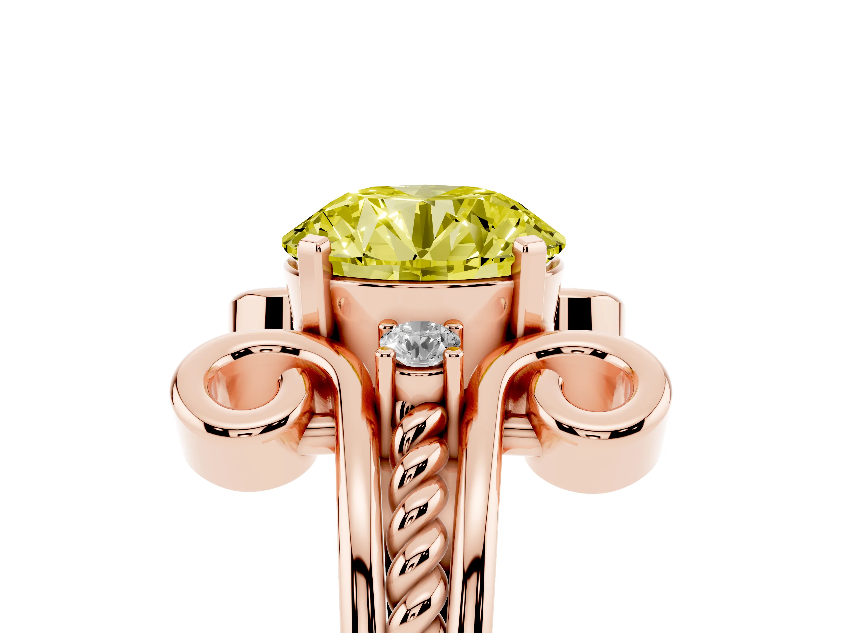 Fancy Yellow Round Cut Diamond Twisted Band Solitaire Ring Set in Rose gold with Scroll Prongs