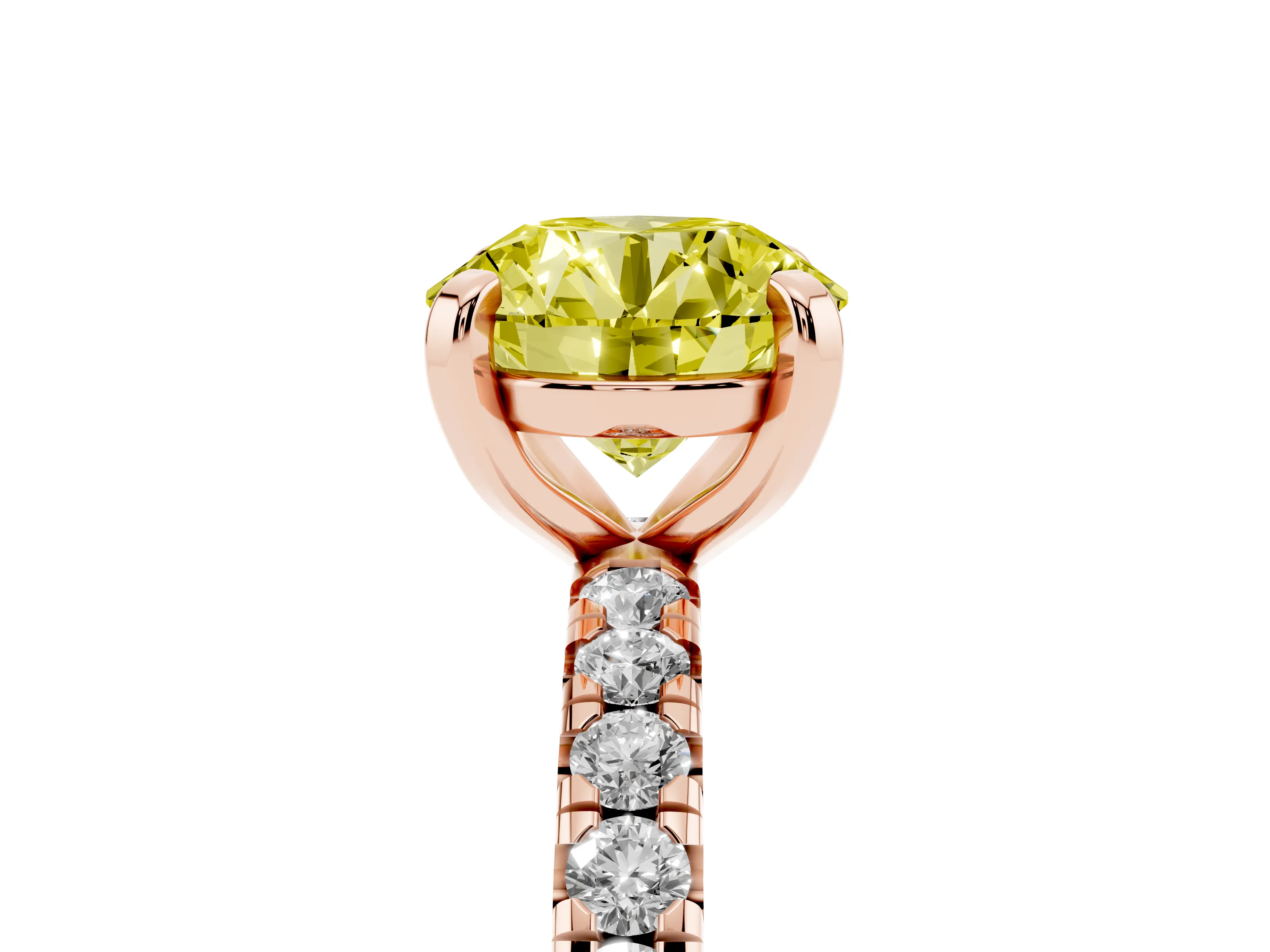 Fancy Yellow Round Cut Diamond Pavé Solitaire Ring Set in Rose gold with Round Band and Prong Setting