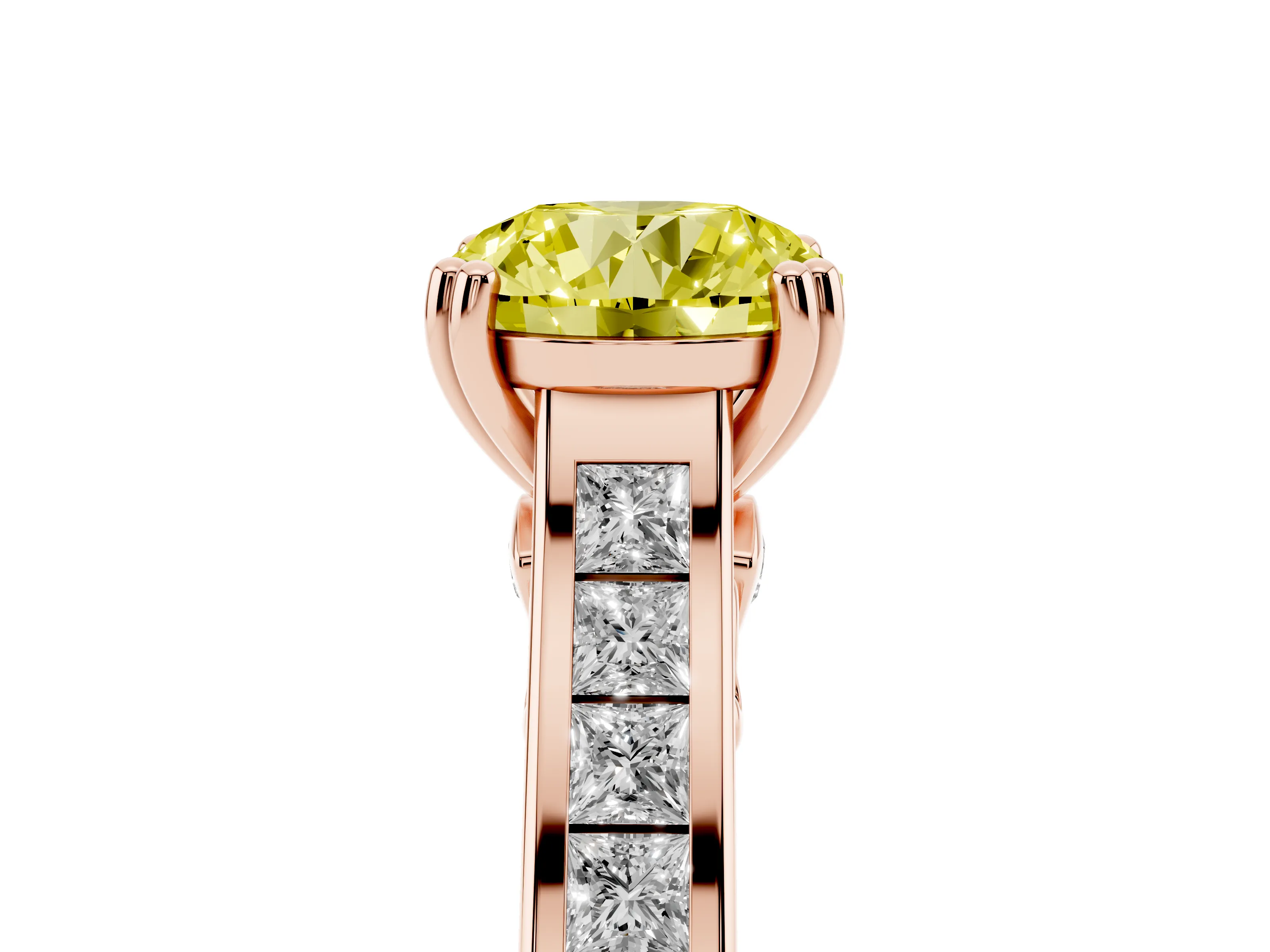 Fancy Yellow Round Cut Diamond Channel Set Solitaire Engagement Ring Set in Rose gold with Prong Setting