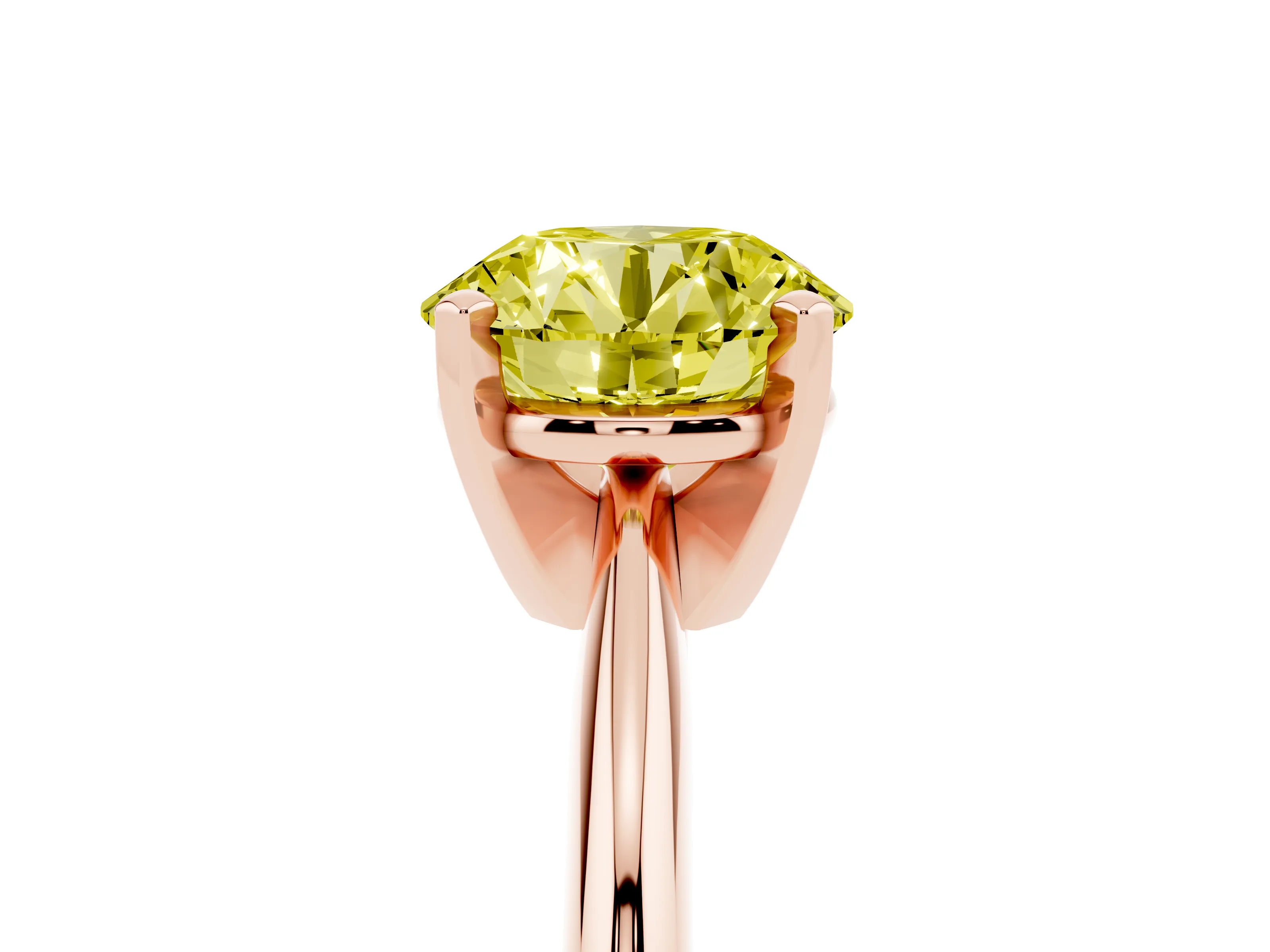 Fancy Yellow Round Cut Diamond Solitaire Ring Set in Rose gold with Prong Setting on a Plain Round Band
